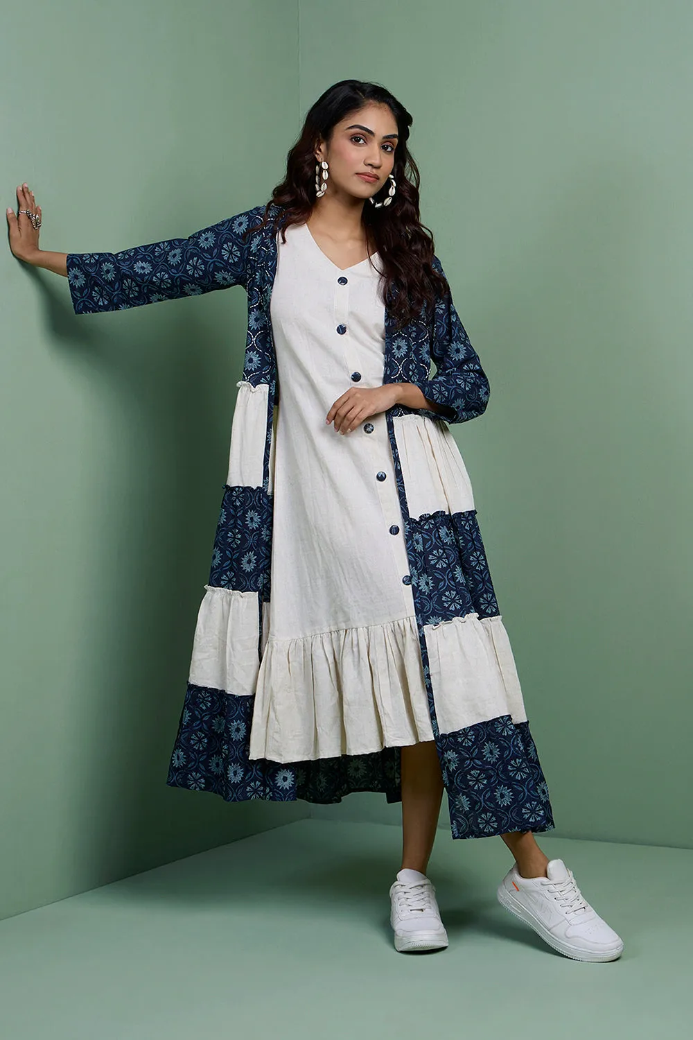 MASTANEY - Cotton Indigo Tiered Jacket With Ruffle Dress