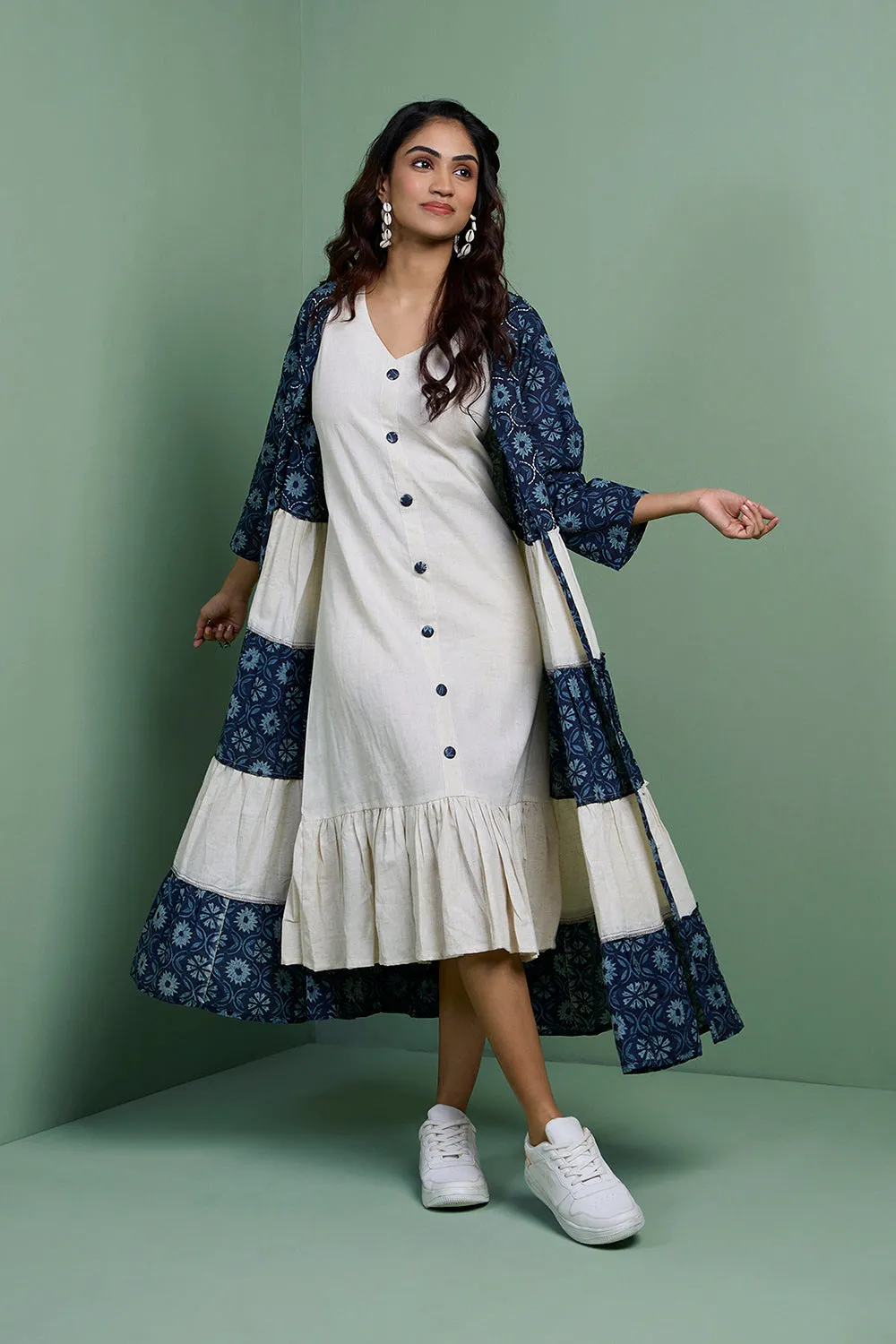 MASTANEY - Cotton Indigo Tiered Jacket With Ruffle Dress