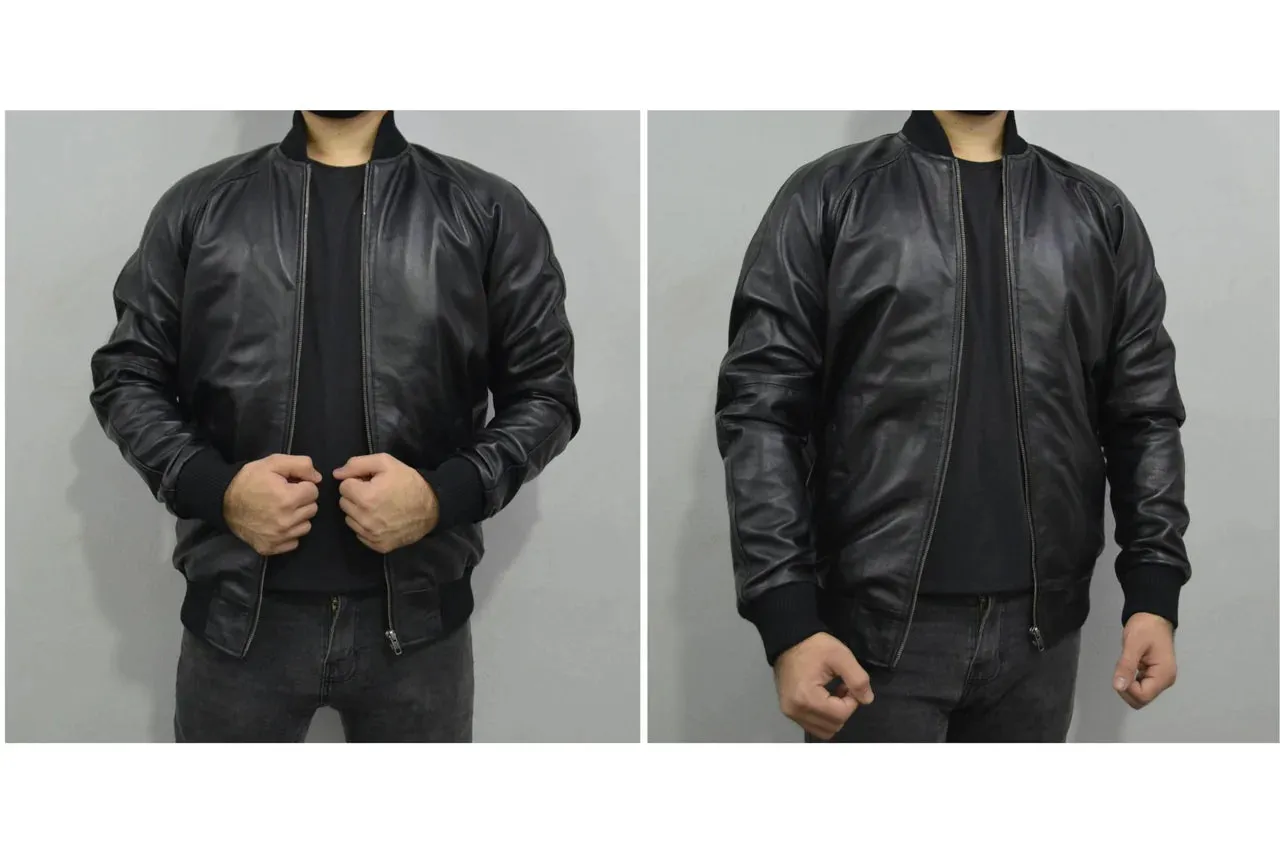 Men's Baseball Letterman Varsity Genuine Leather Black Bomber Jacket