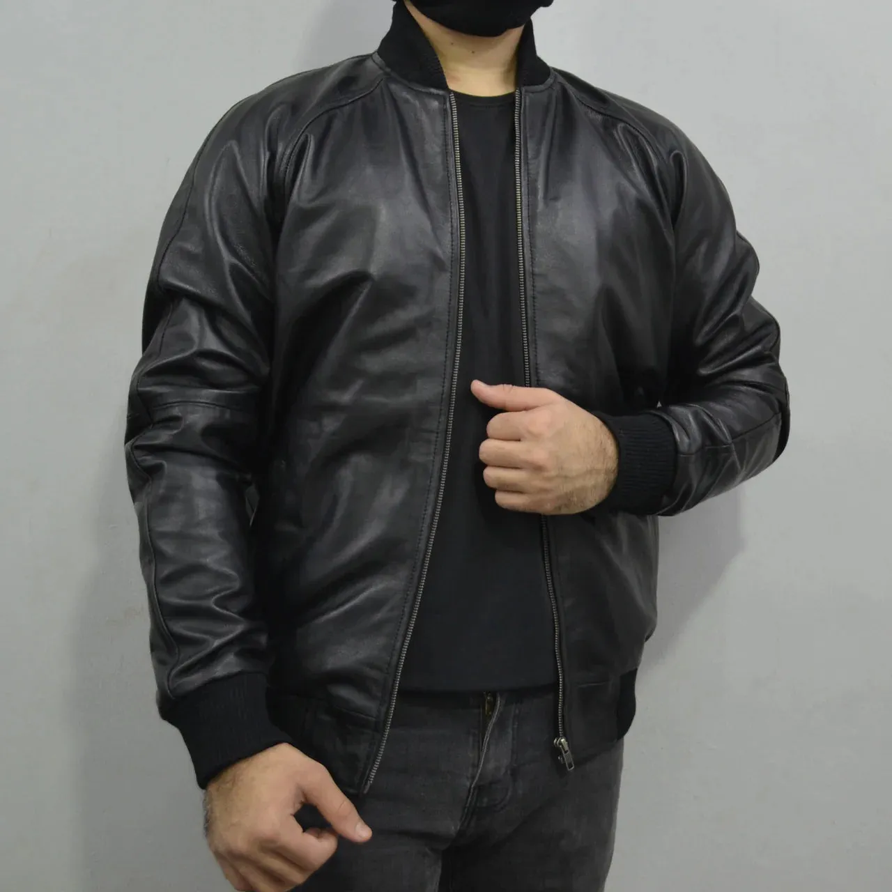 Men's Baseball Letterman Varsity Genuine Leather Black Bomber Jacket