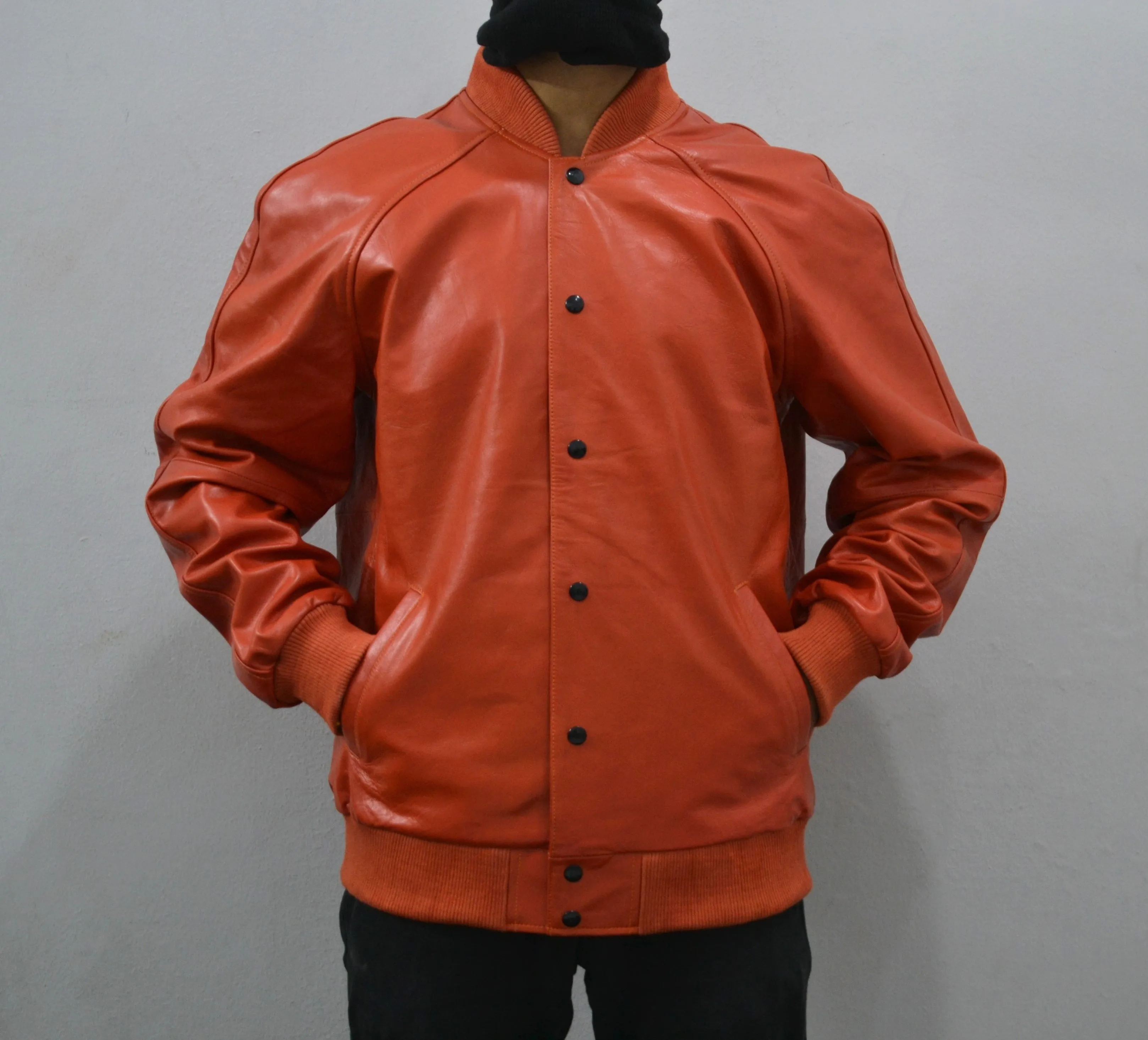 Men's Baseball Letterman Varsity Genuine Leather Orange Bomber Jacket