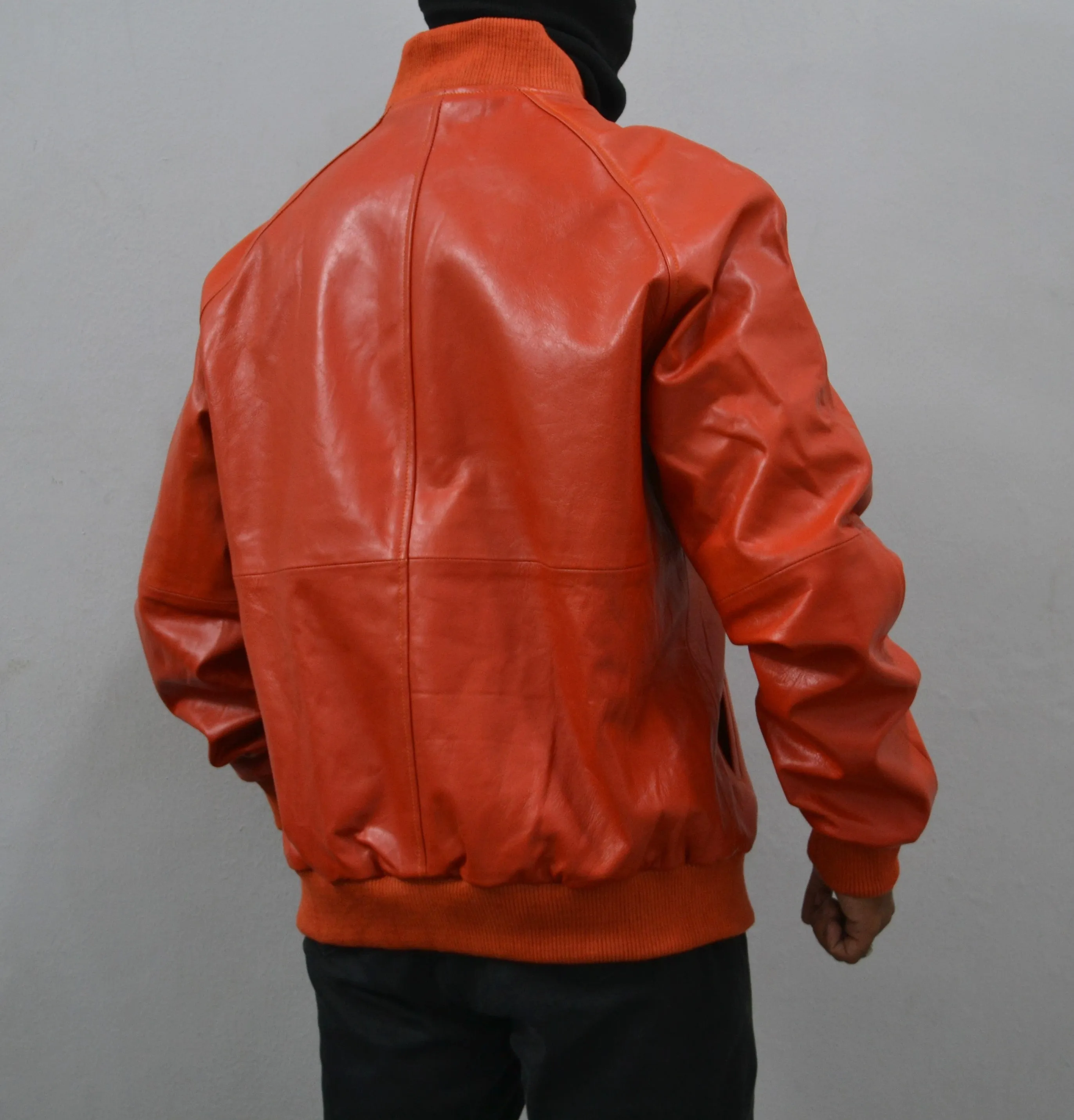 Men's Baseball Letterman Varsity Genuine Leather Orange Bomber Jacket