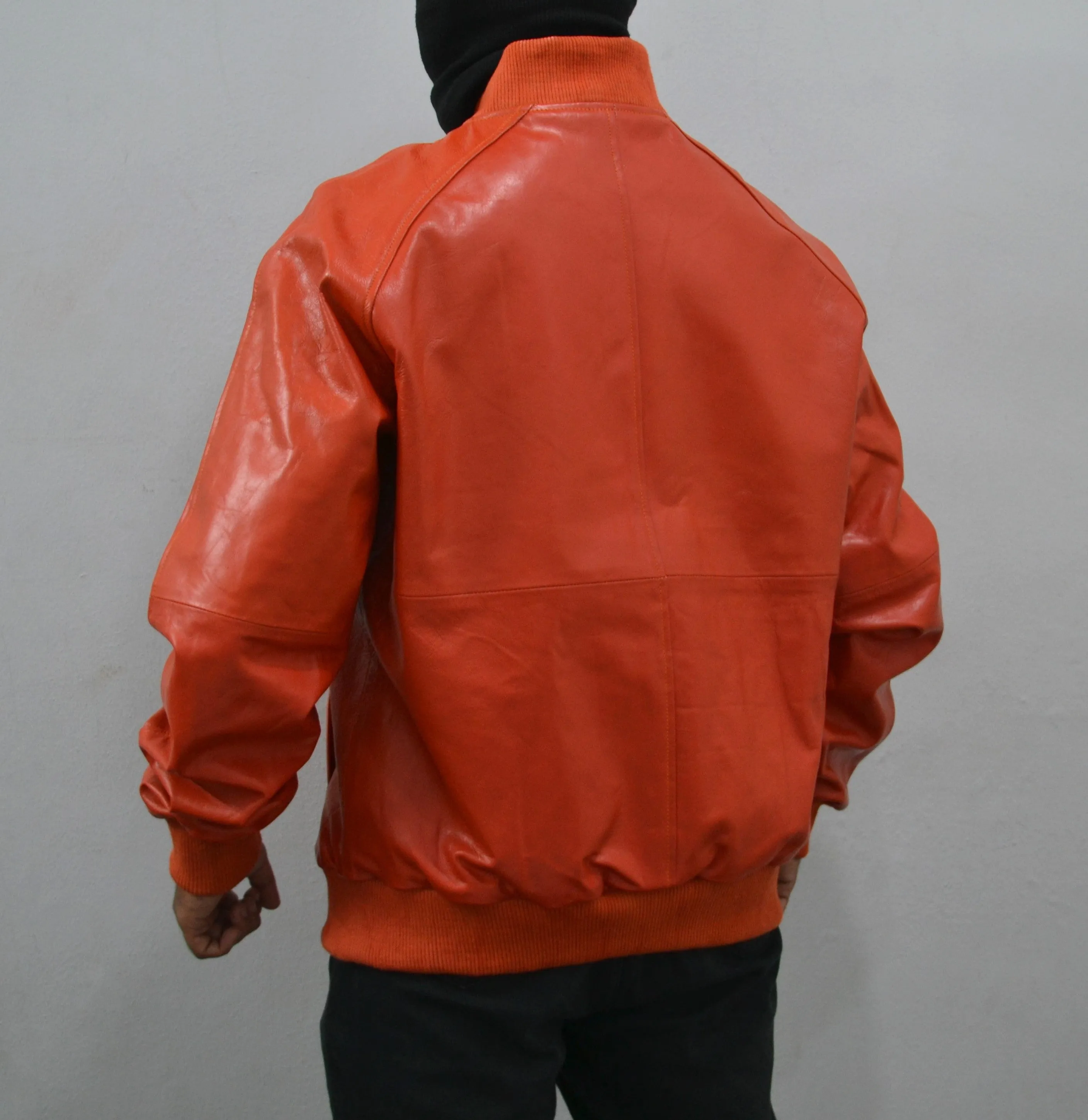 Men's Baseball Letterman Varsity Genuine Leather Orange Bomber Jacket