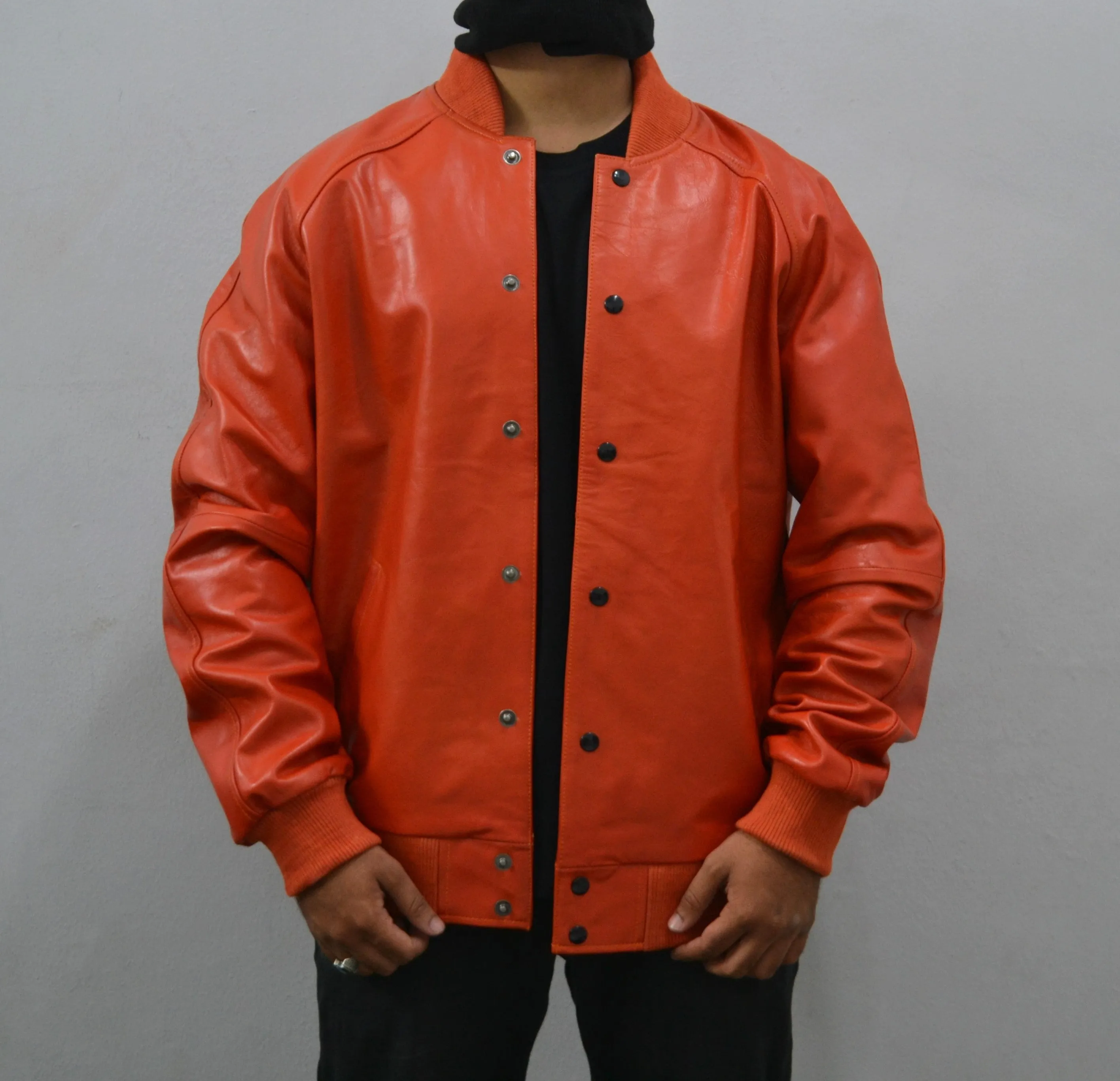 Men's Baseball Letterman Varsity Genuine Leather Orange Bomber Jacket