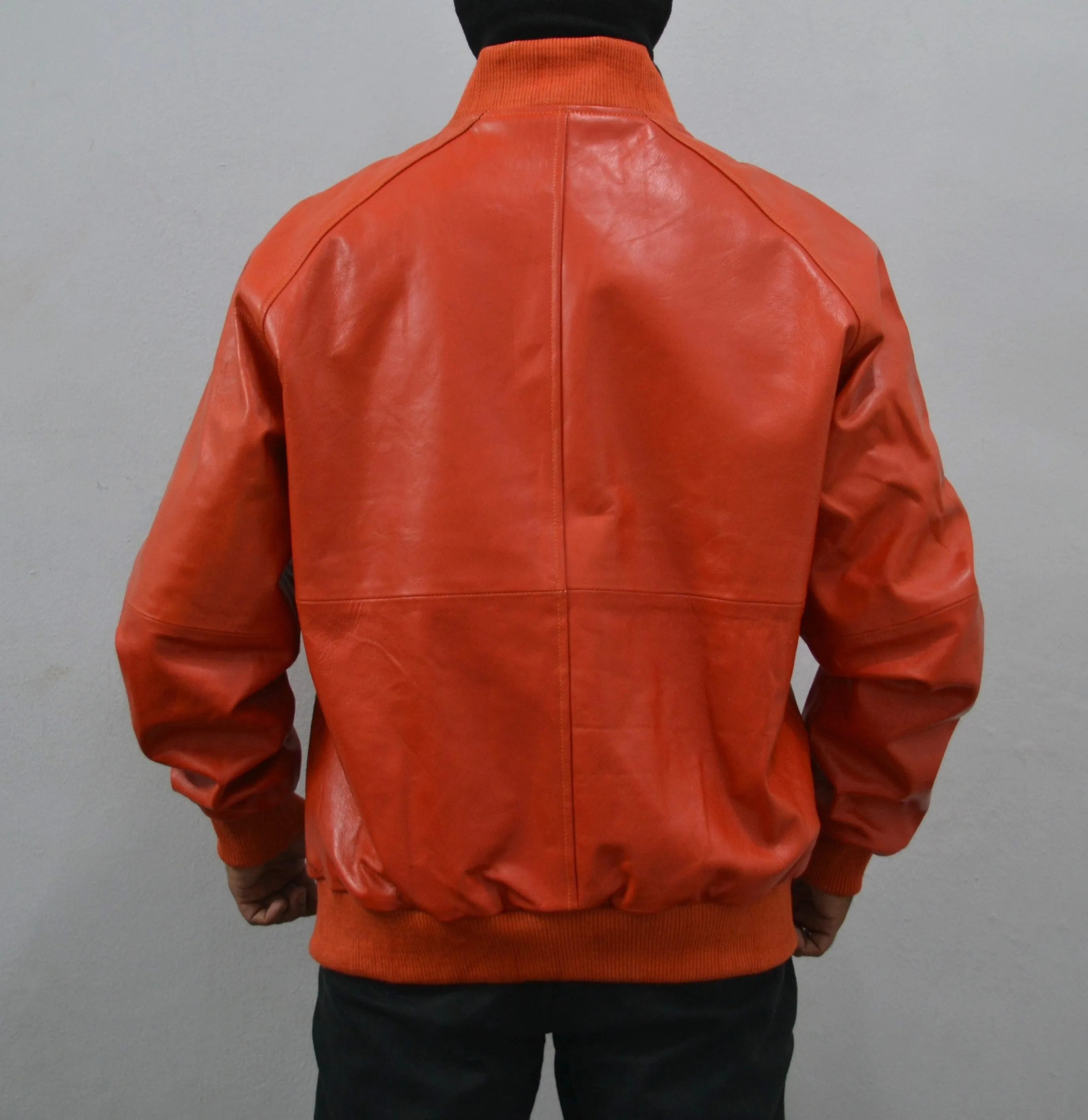 Men's Baseball Letterman Varsity Genuine Leather Orange Bomber Jacket