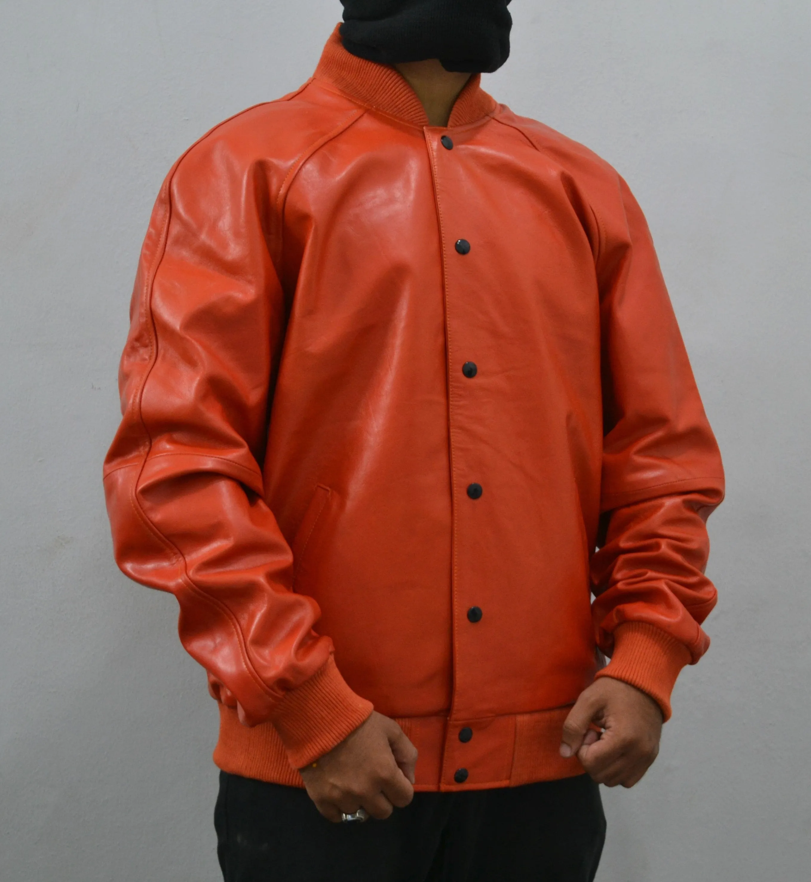 Men's Baseball Letterman Varsity Genuine Leather Orange Bomber Jacket