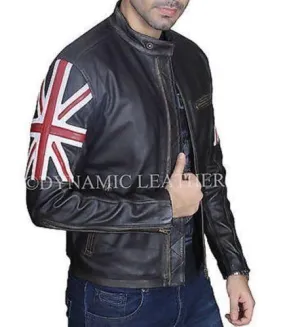 Mens Biker Vintage Distressed Brown Union Jack Cafe Racer Leather Jacket