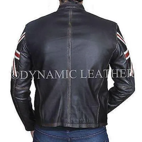 Mens Biker Vintage Distressed Brown Union Jack Cafe Racer Leather Jacket