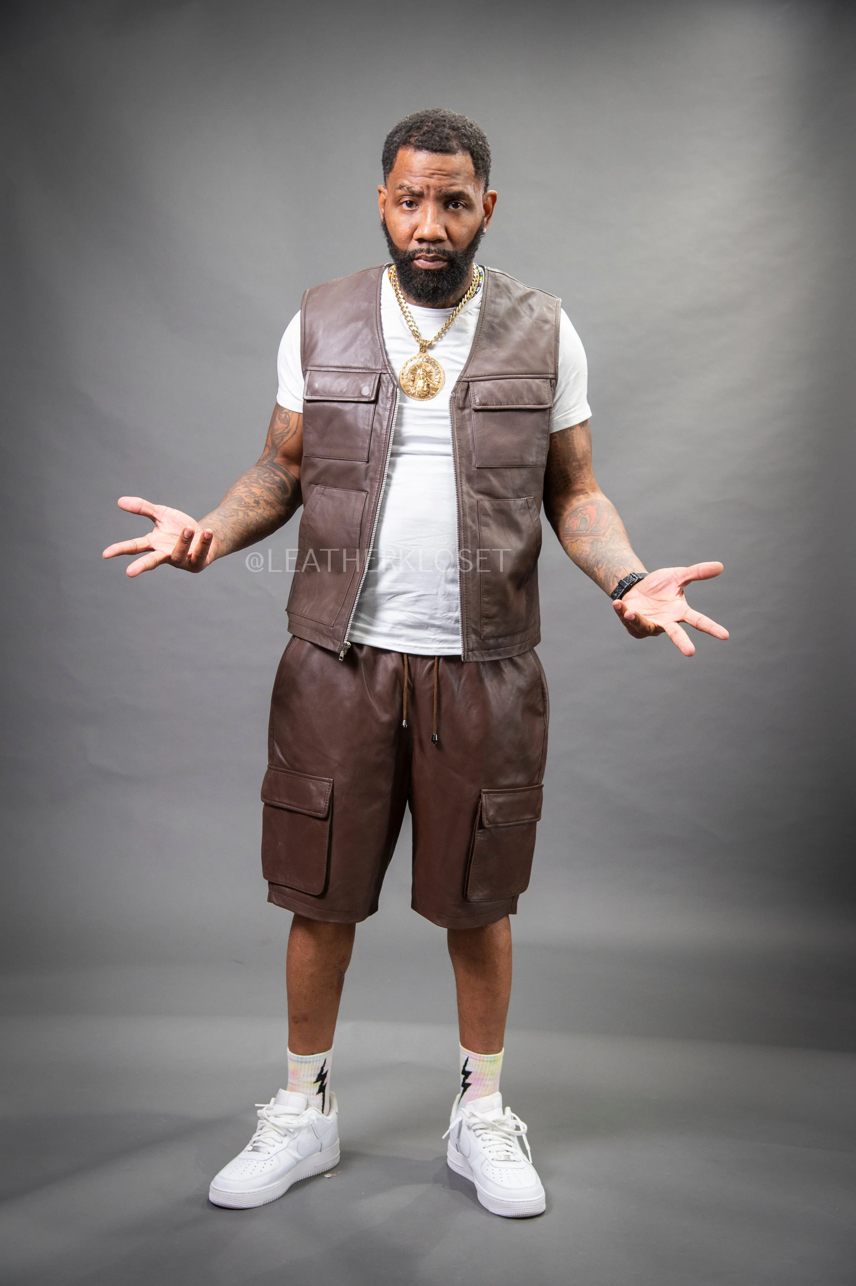 Men's Bless Set Leather Vest & Leather Cargo Shorts [Chocolate]