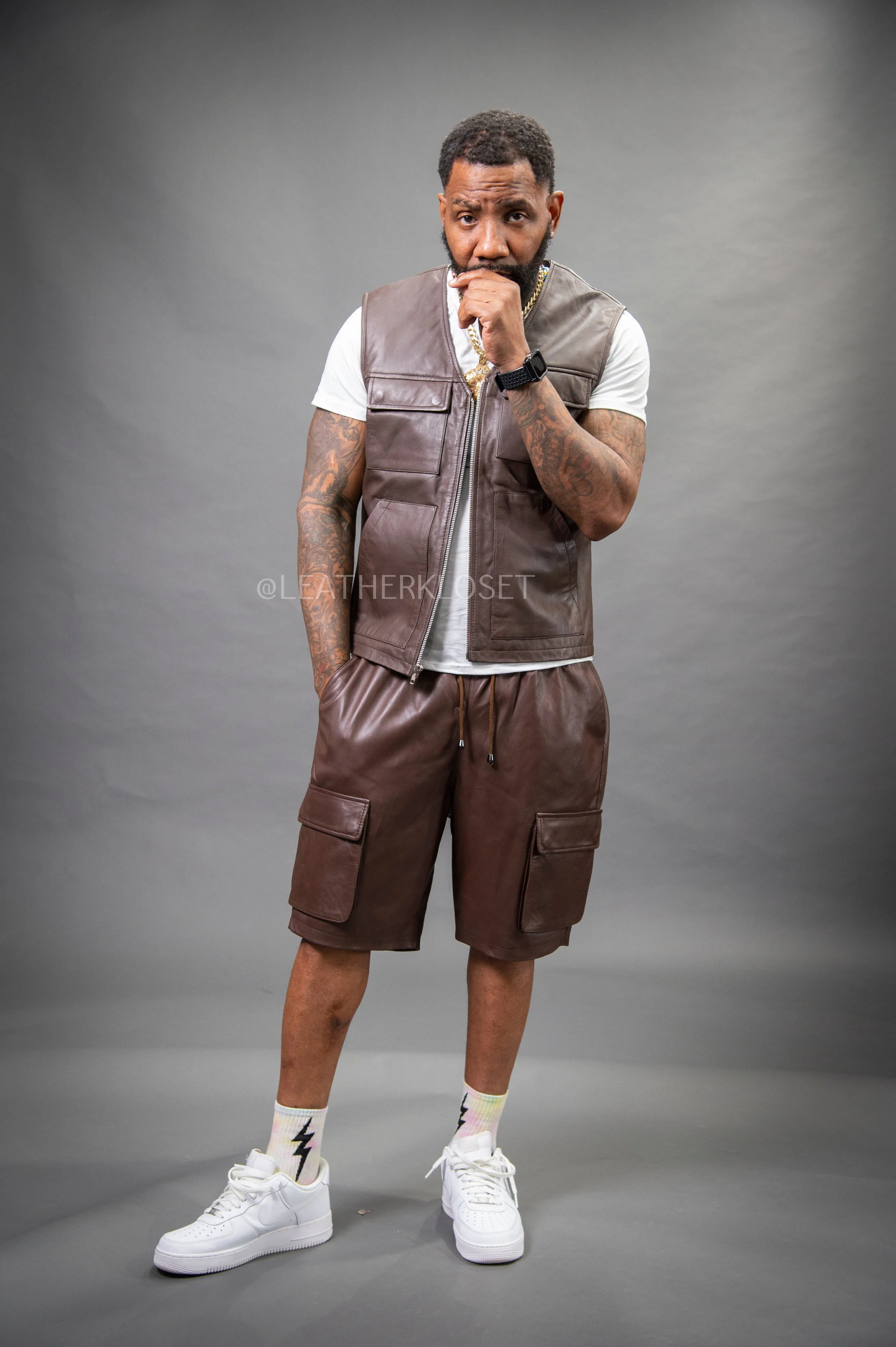 Men's Bless Set Leather Vest & Leather Cargo Shorts [Chocolate]