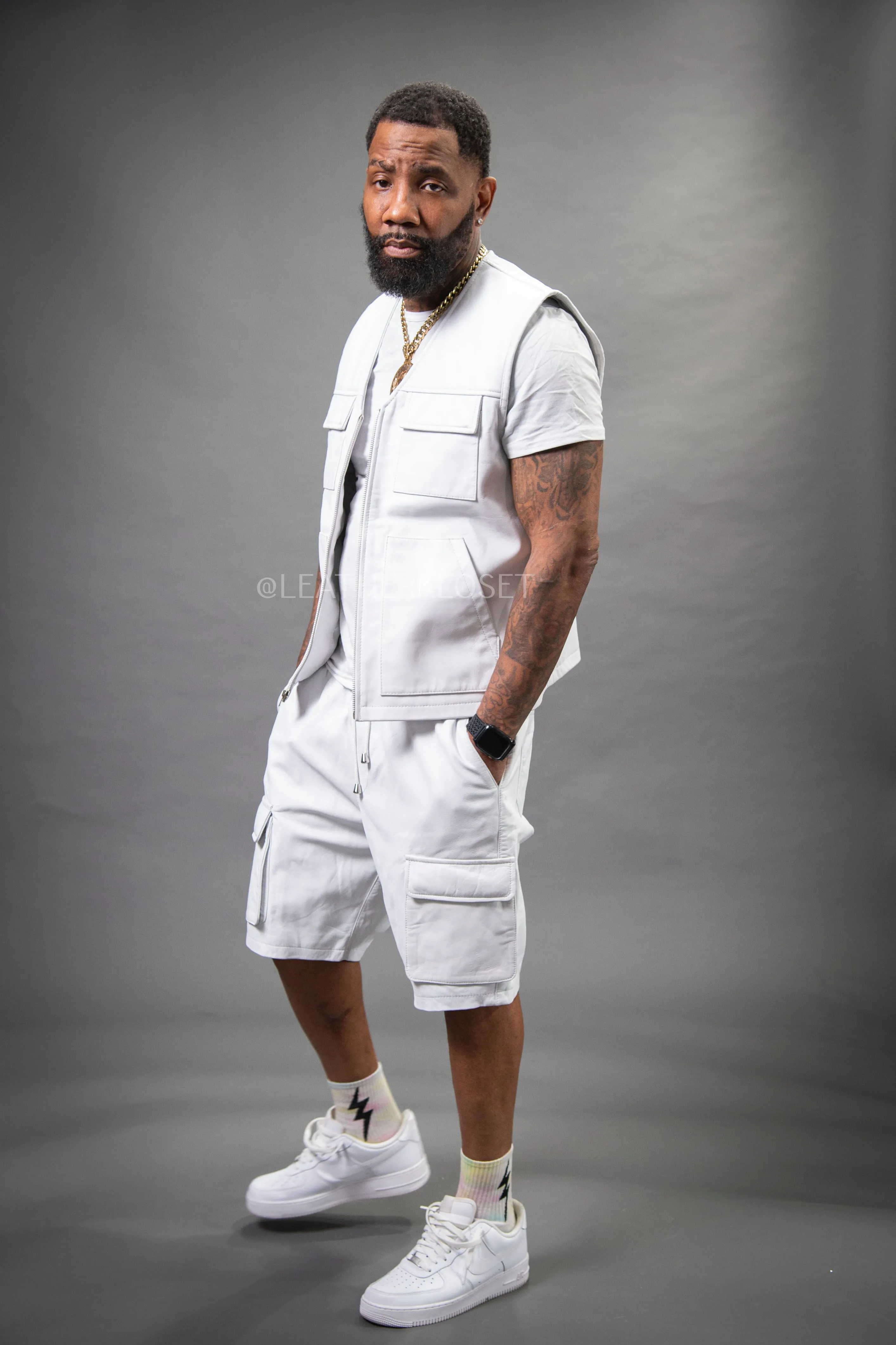 Men's Bless Set Leather Vest & Leather Cargo Shorts [White]