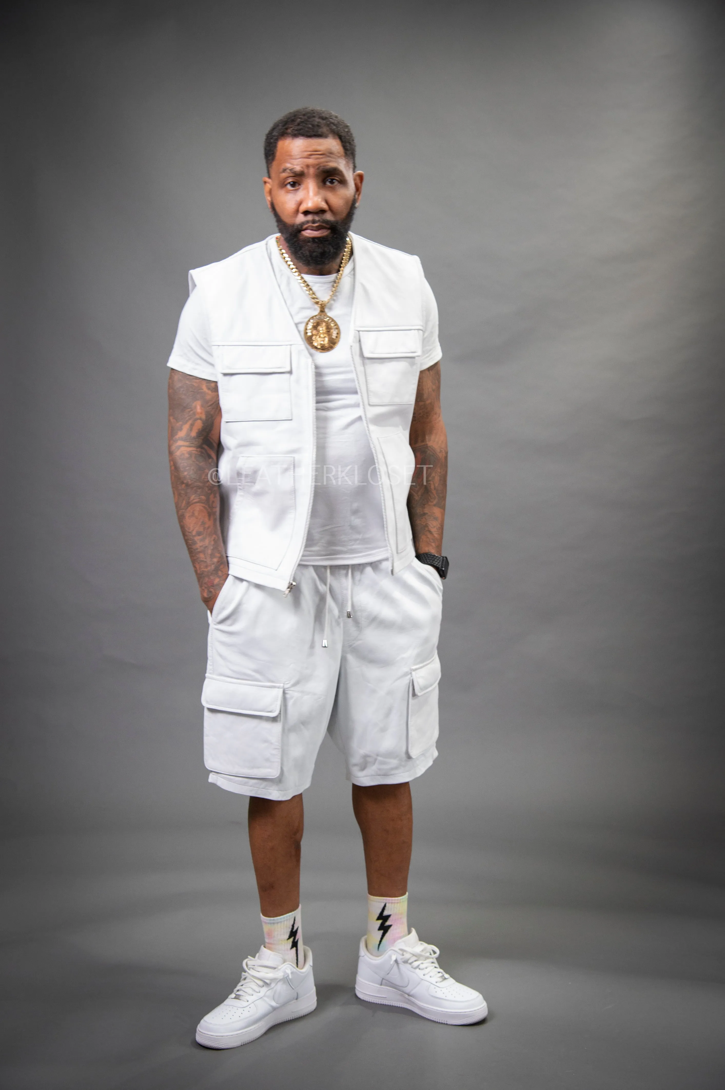 Men's Bless Set Leather Vest & Leather Cargo Shorts [White]