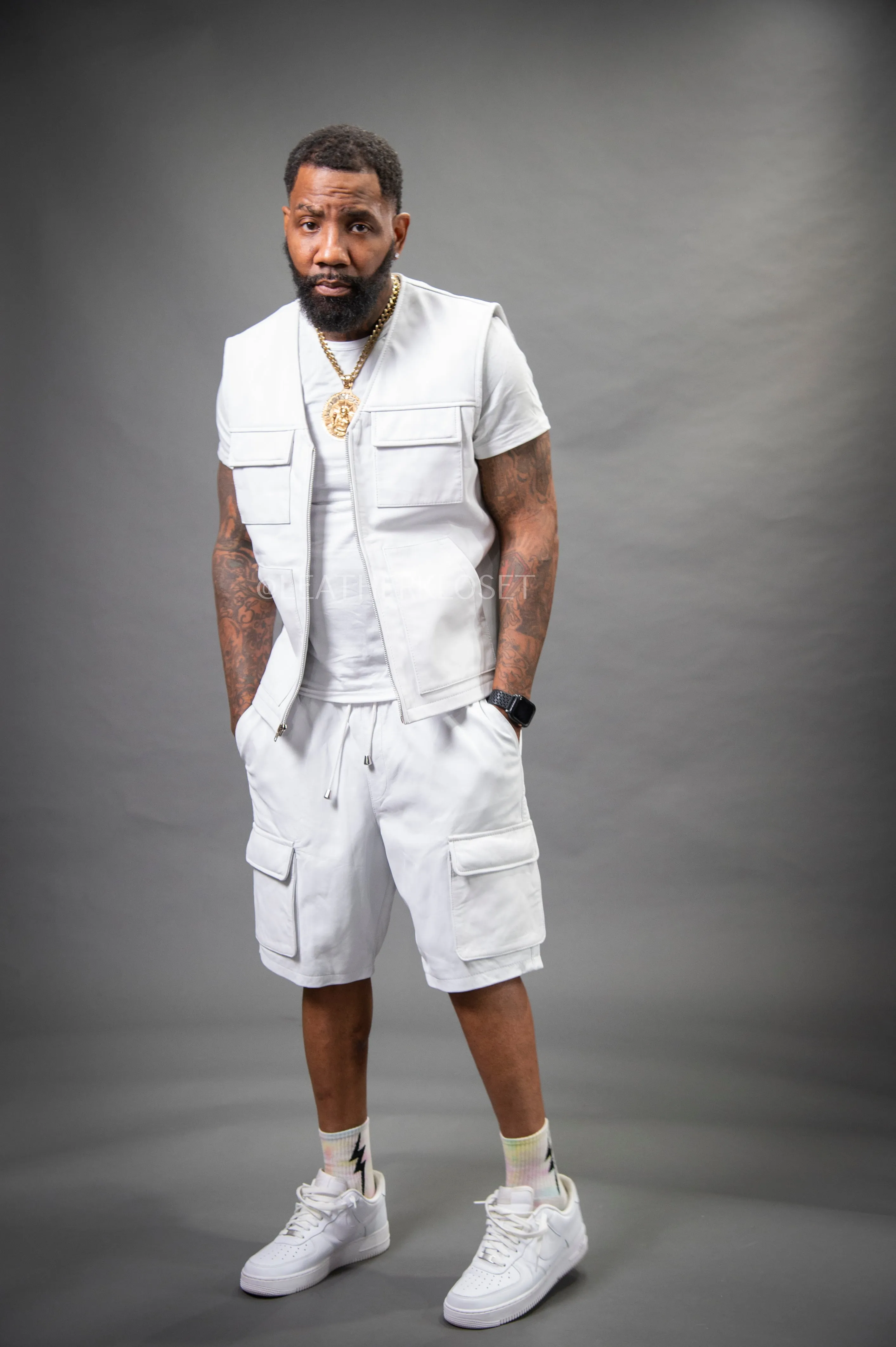 Men's Bless Set Leather Vest & Leather Cargo Shorts [White]