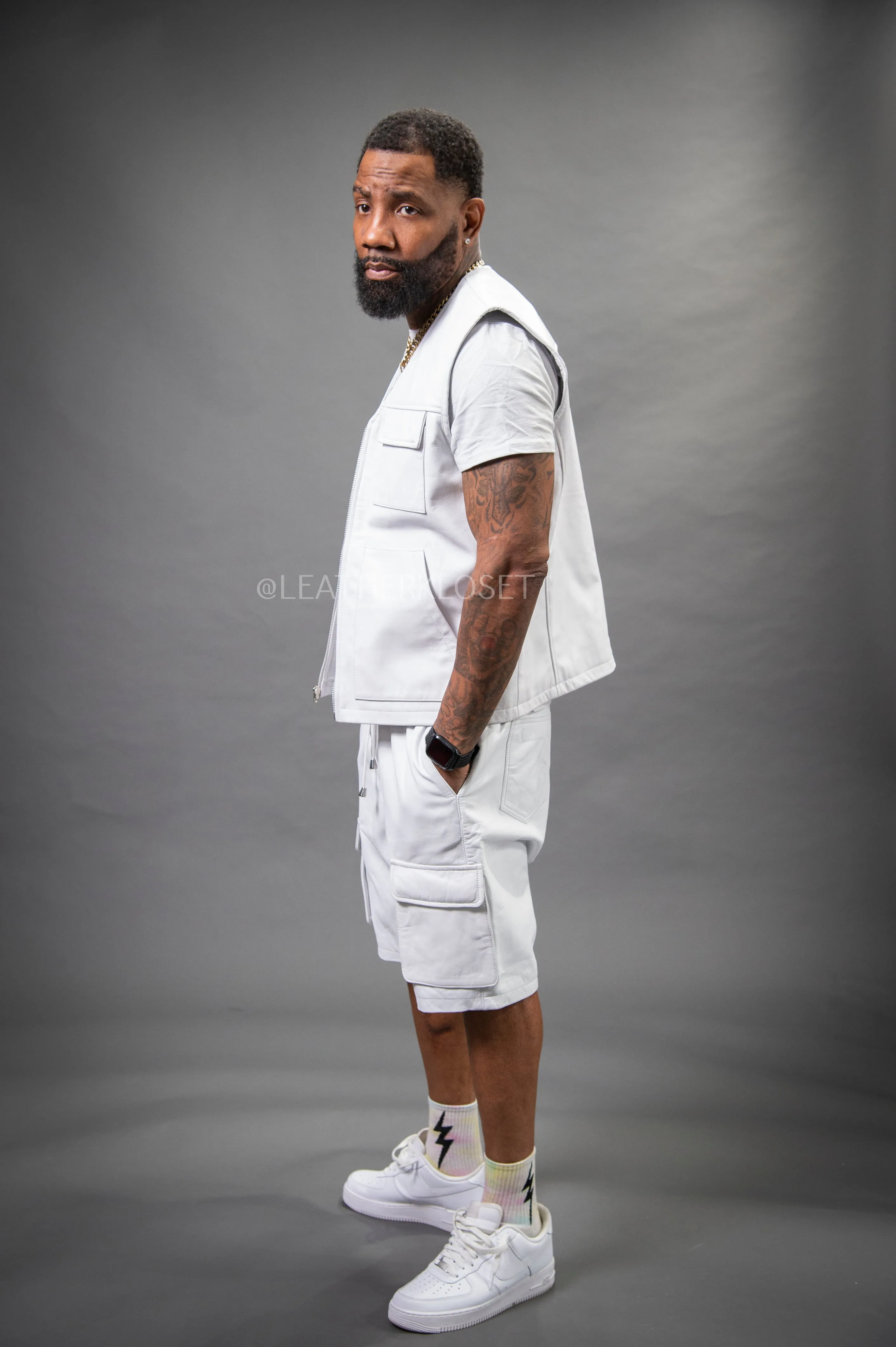 Men's Bless Set Leather Vest & Leather Cargo Shorts [White]