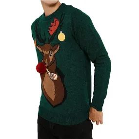 Mens Christmas Jumper Rudolph Stag Head Green Black Fun