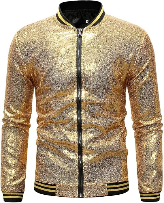 Men's Glitter Sequin Zip Up Pink-Gold Bomber Jacket