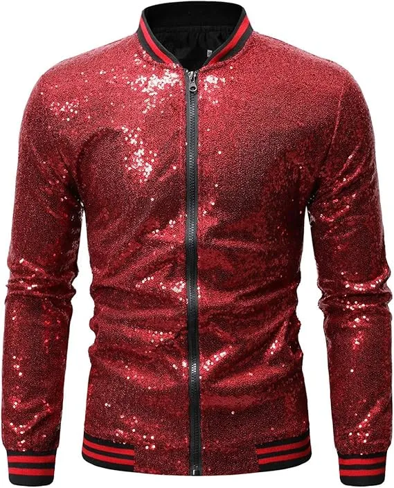 Men's Glitter Sequin Zip Up Pink-Gold Bomber Jacket