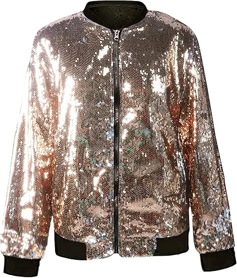 Men's Glitter Sequin Zip Up Pink-Gold Bomber Jacket