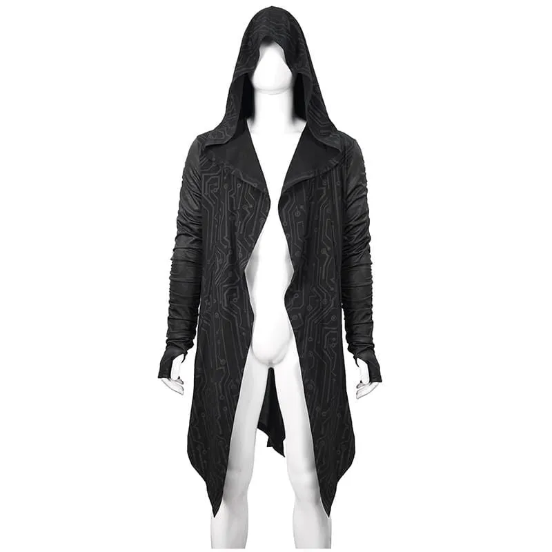 Men's Gothic Irregular Ruched Black Long Jacket with Hood