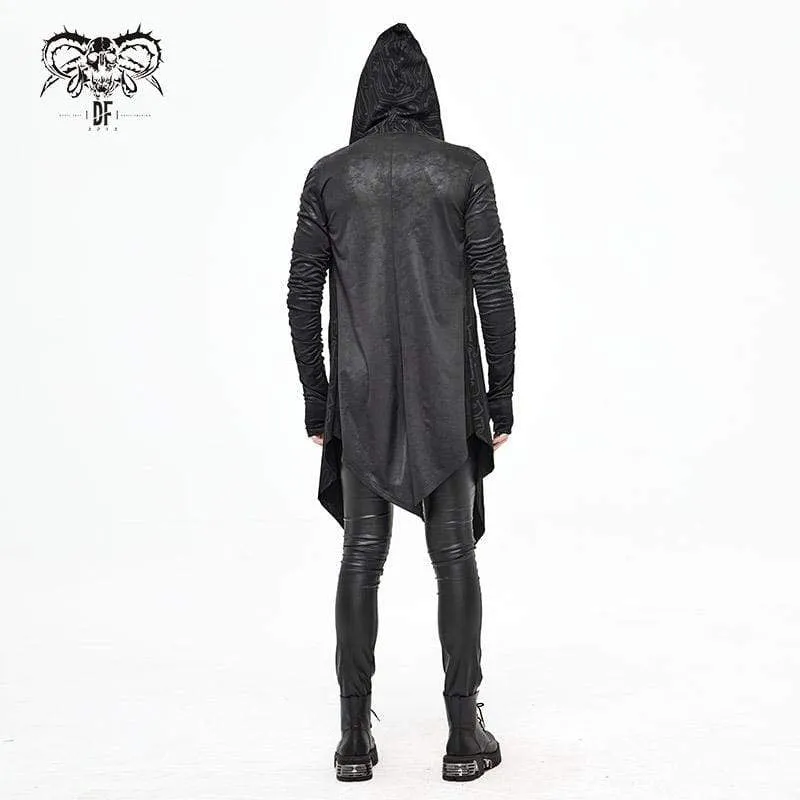 Men's Gothic Irregular Ruched Black Long Jacket with Hood