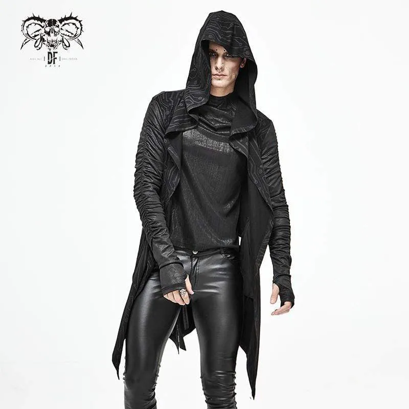 Men's Gothic Irregular Ruched Black Long Jacket with Hood