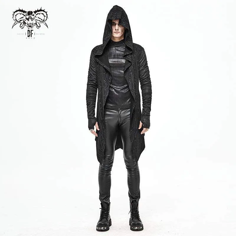 Men's Gothic Irregular Ruched Black Long Jacket with Hood