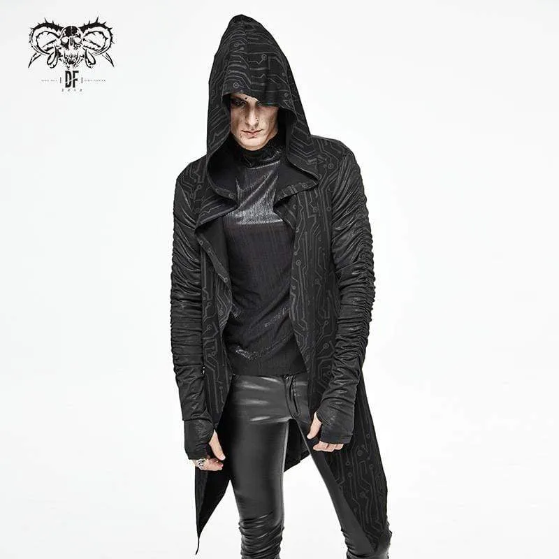 Men's Gothic Irregular Ruched Black Long Jacket with Hood