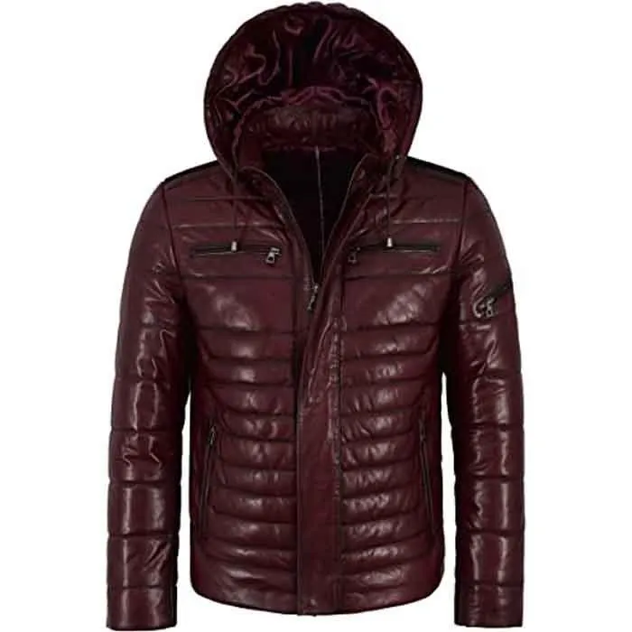 Men’s Puffer Hooded Quilted Lambskin Leather Jacket