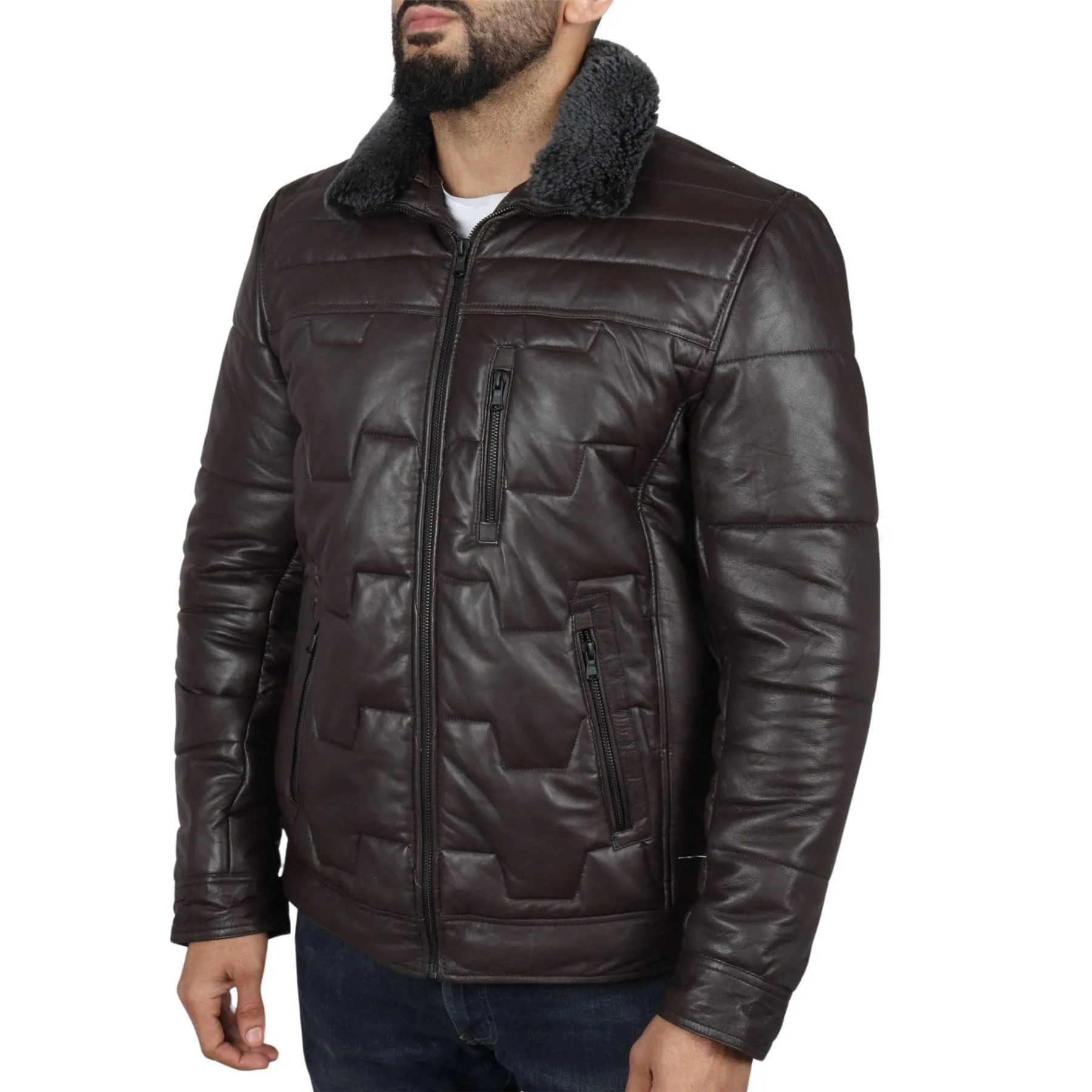 Men's Quilted Padded Real Leather Safari Parka Coat Jacket Fleece Collar