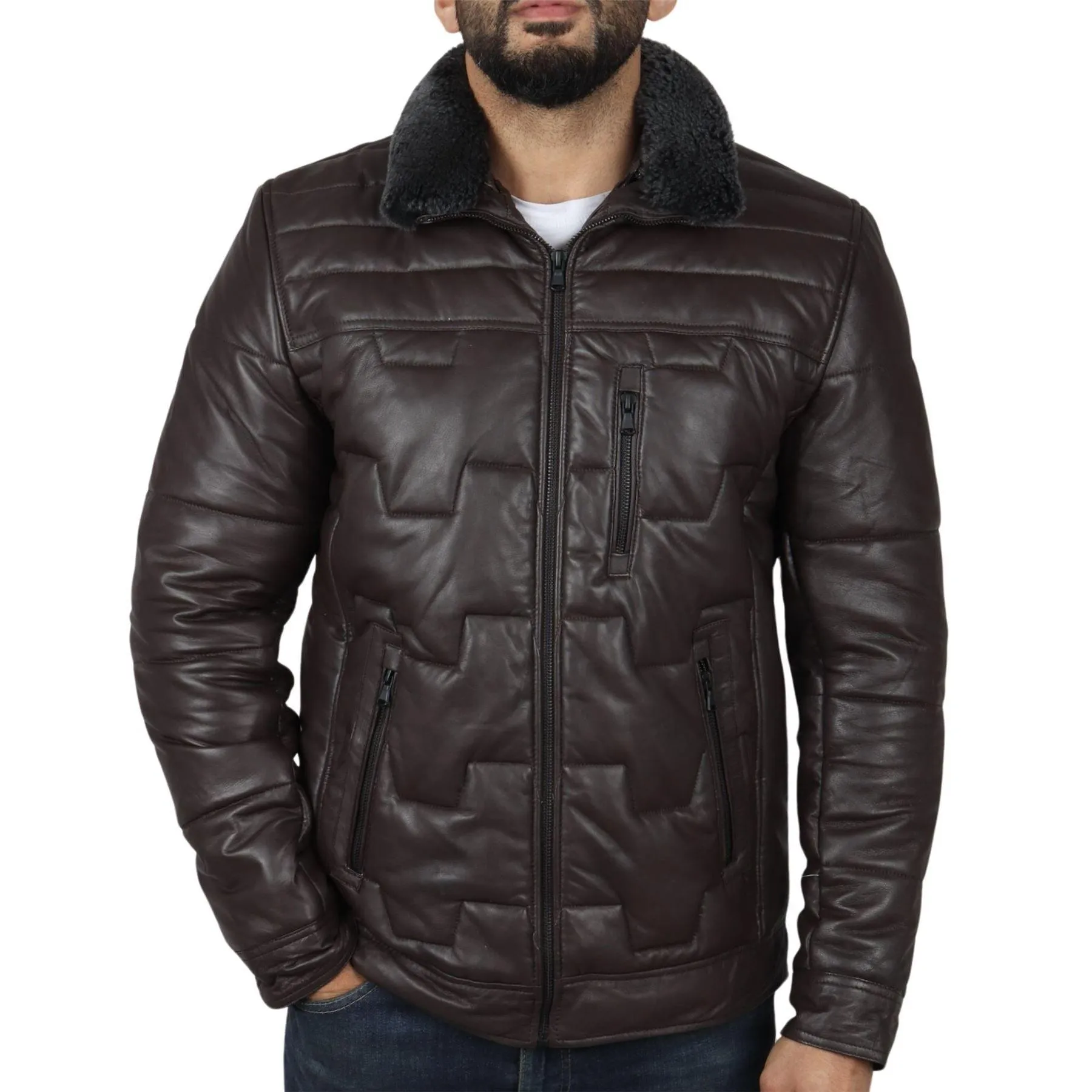 Men's Quilted Padded Real Leather Safari Parka Coat Jacket Fleece Collar