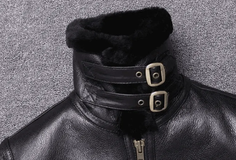 Mens Winter Shearling Fur Black Leather Jacket