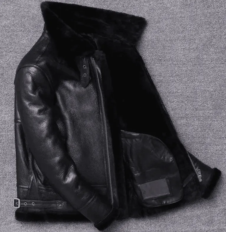 Mens Winter Shearling Fur Black Leather Jacket