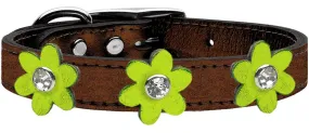 Metallic Flower Leather Collar Bronze With Metallic Lime Green Flowers Size 24