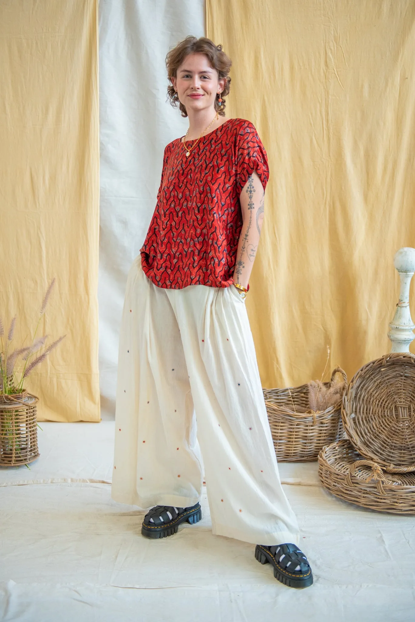 Mirror Embroidered Natural Wide Leg Pants