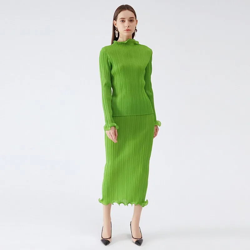 Miyake Pleated Top and Midi Skirt Set