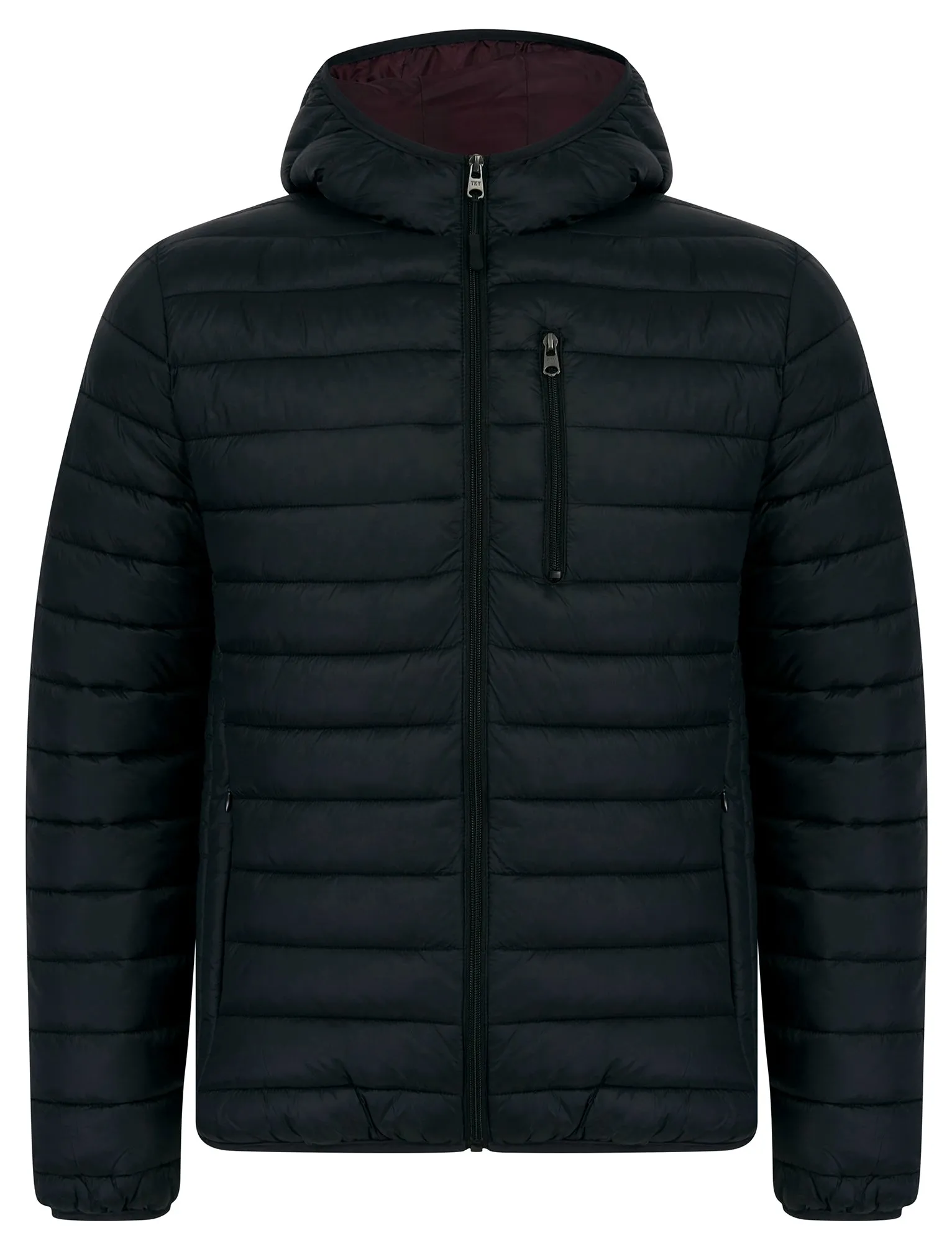 Nadav Quilted Puffer Jacket with Hood in Jet Black / Burgundy - Tokyo Laundry