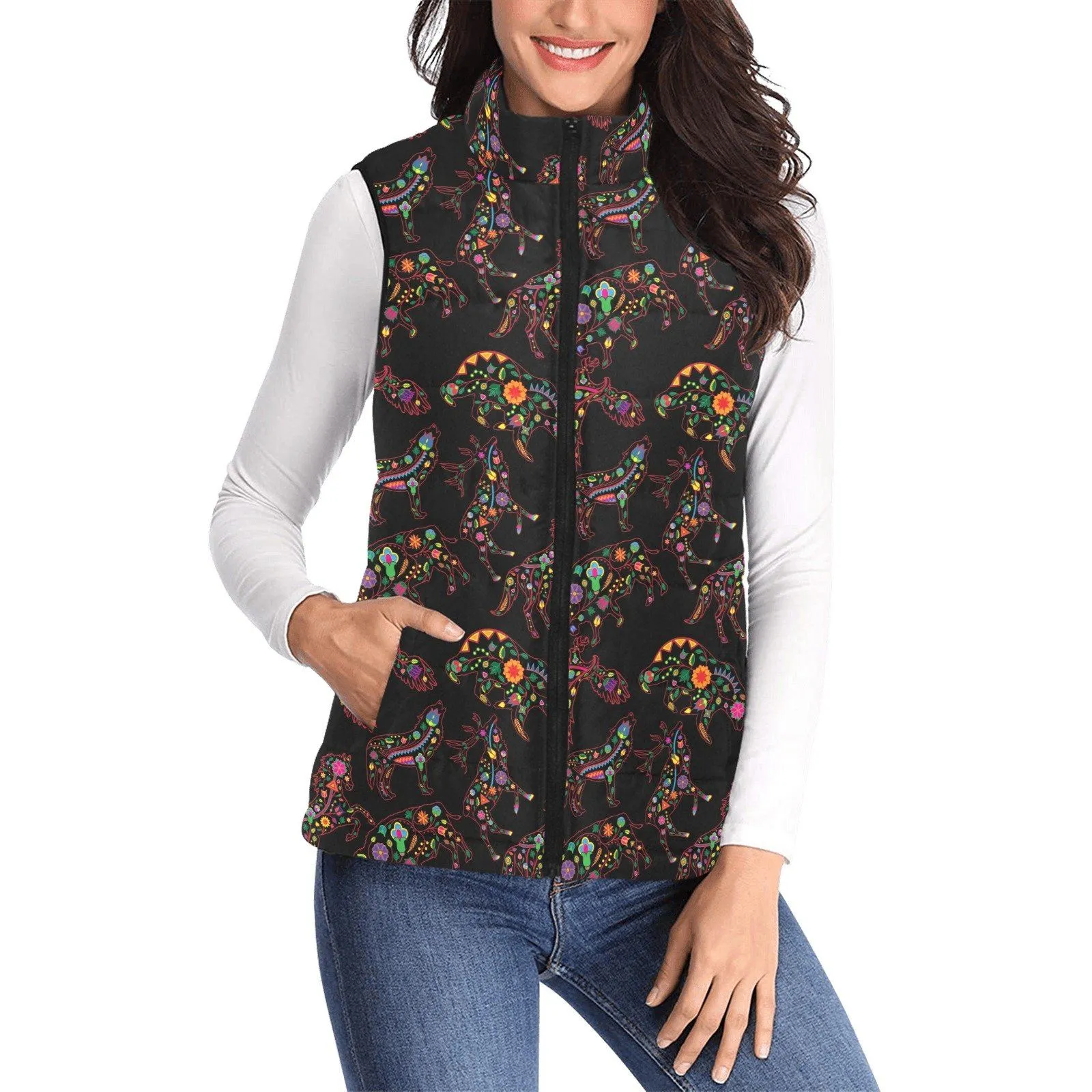 Neon Floral Animals Women's Padded Vest Jacket