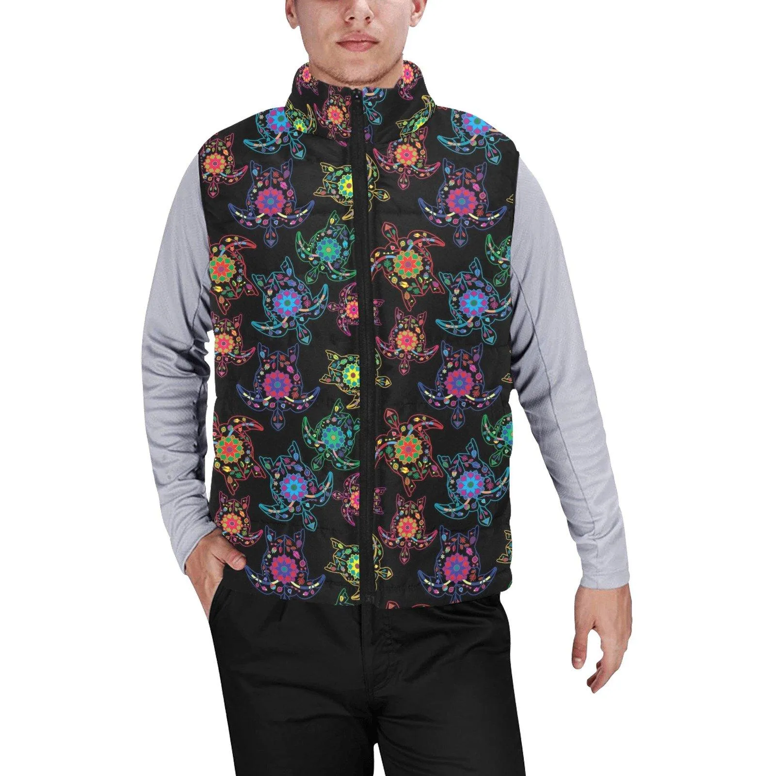 Neon Floral Turtles Men's Padded Vest Jacket