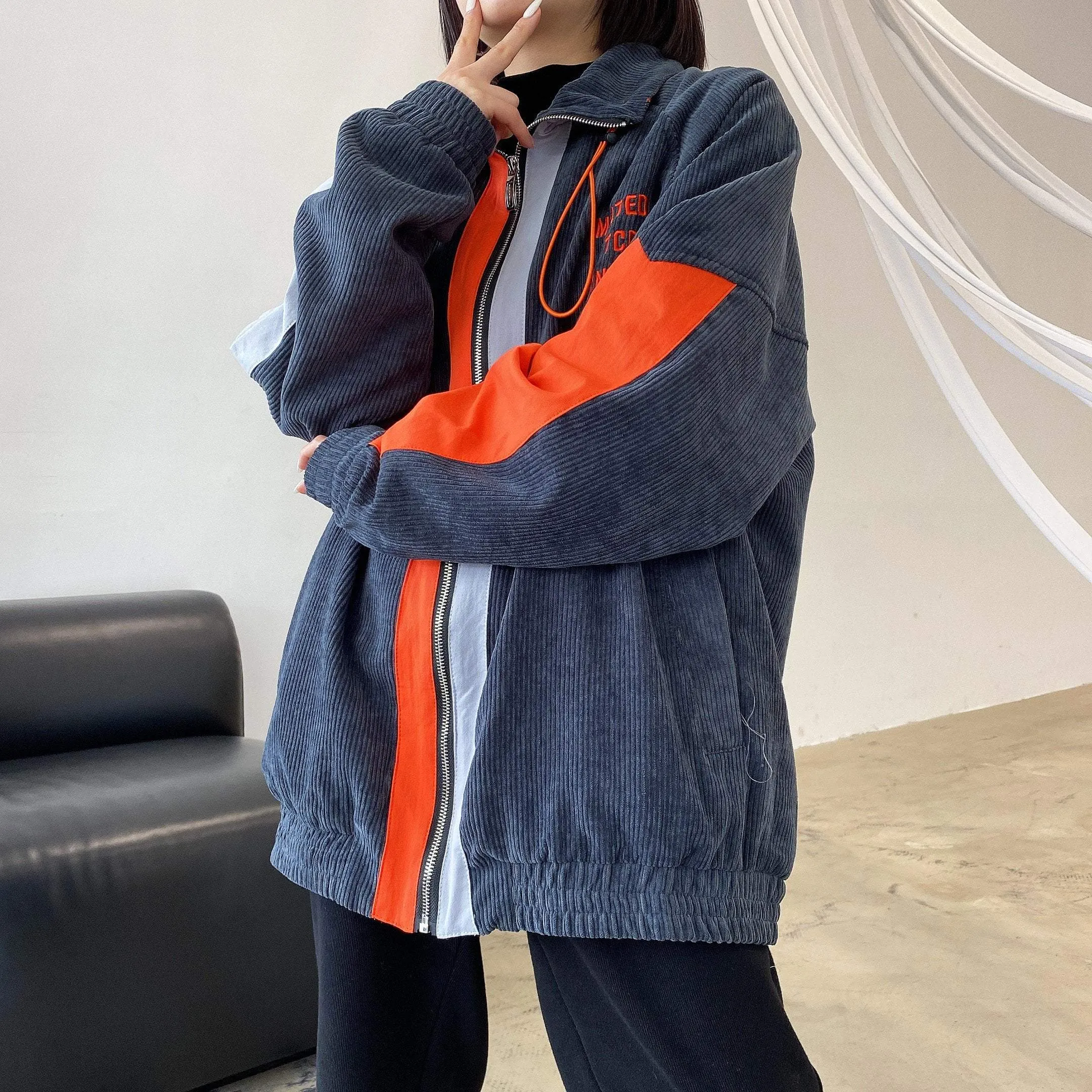 Neon Orange Color Teen Trend Oversized Denim Jacket