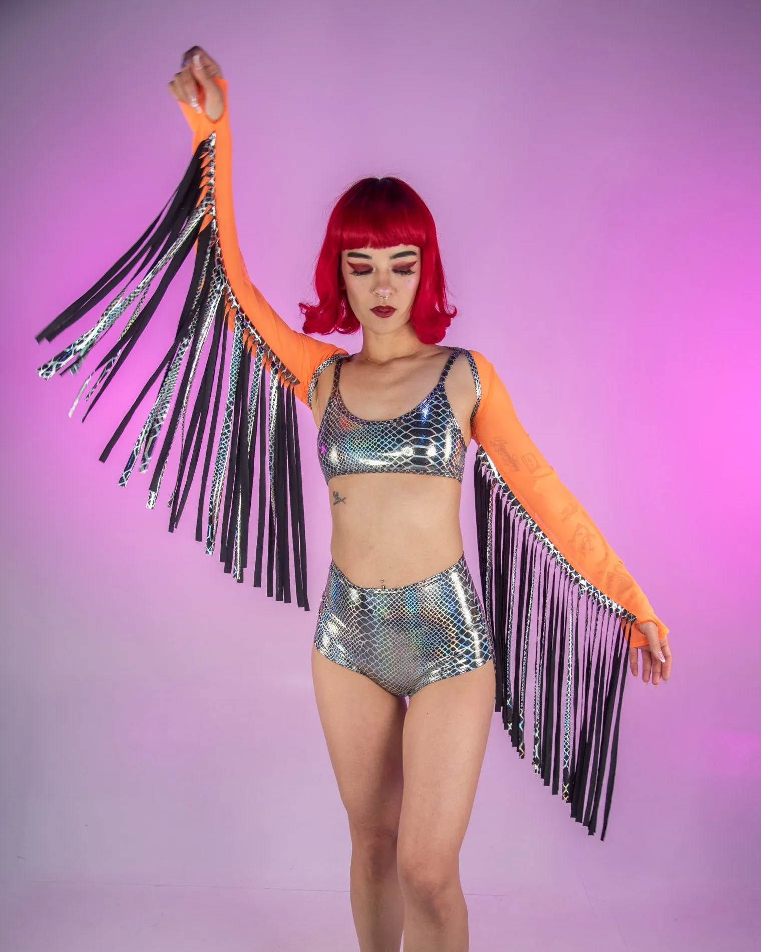 Neon Orange Mesh and Black Crystal Snake Fringe Shrug