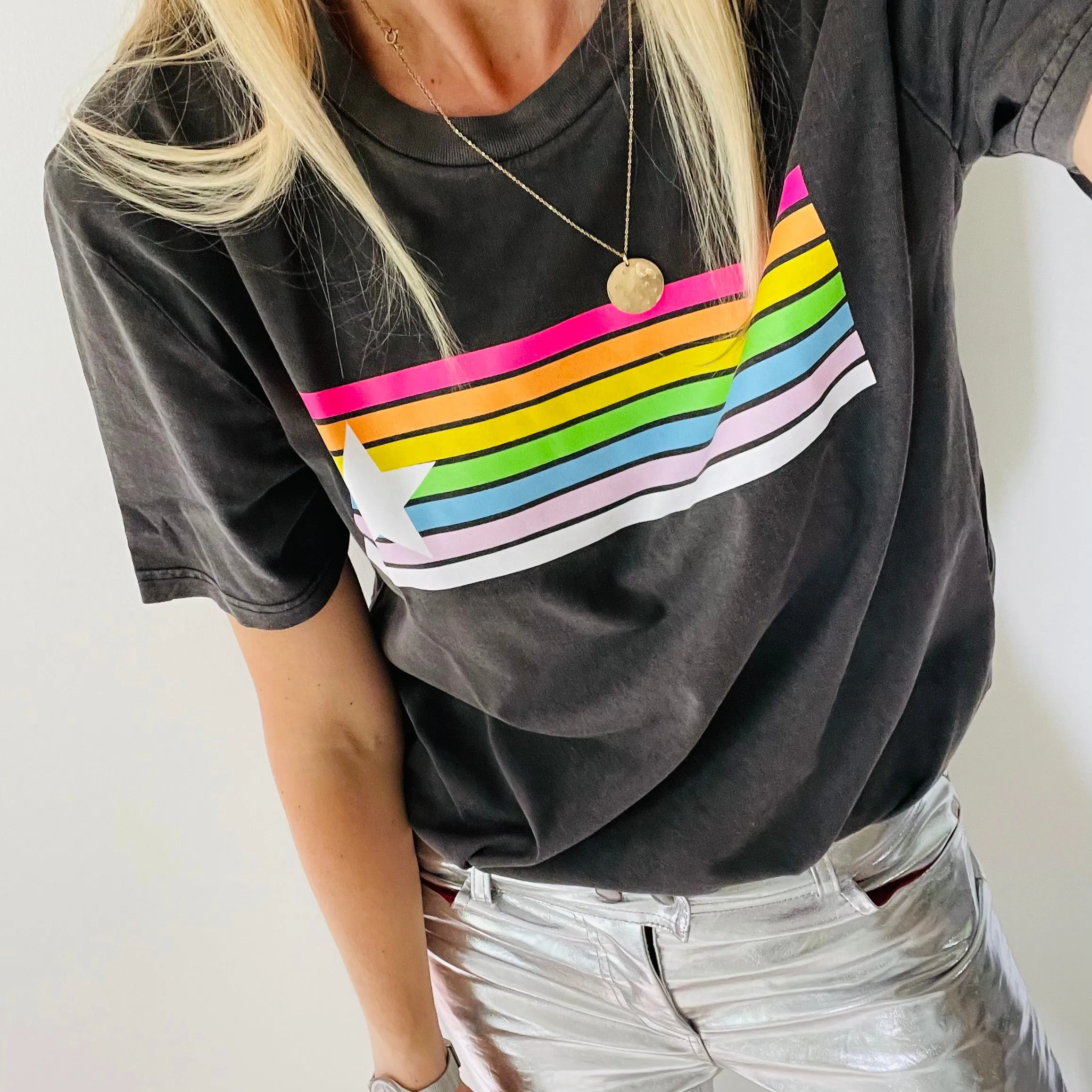 Neon rainbow star vintage grey boyfriend tee *new*