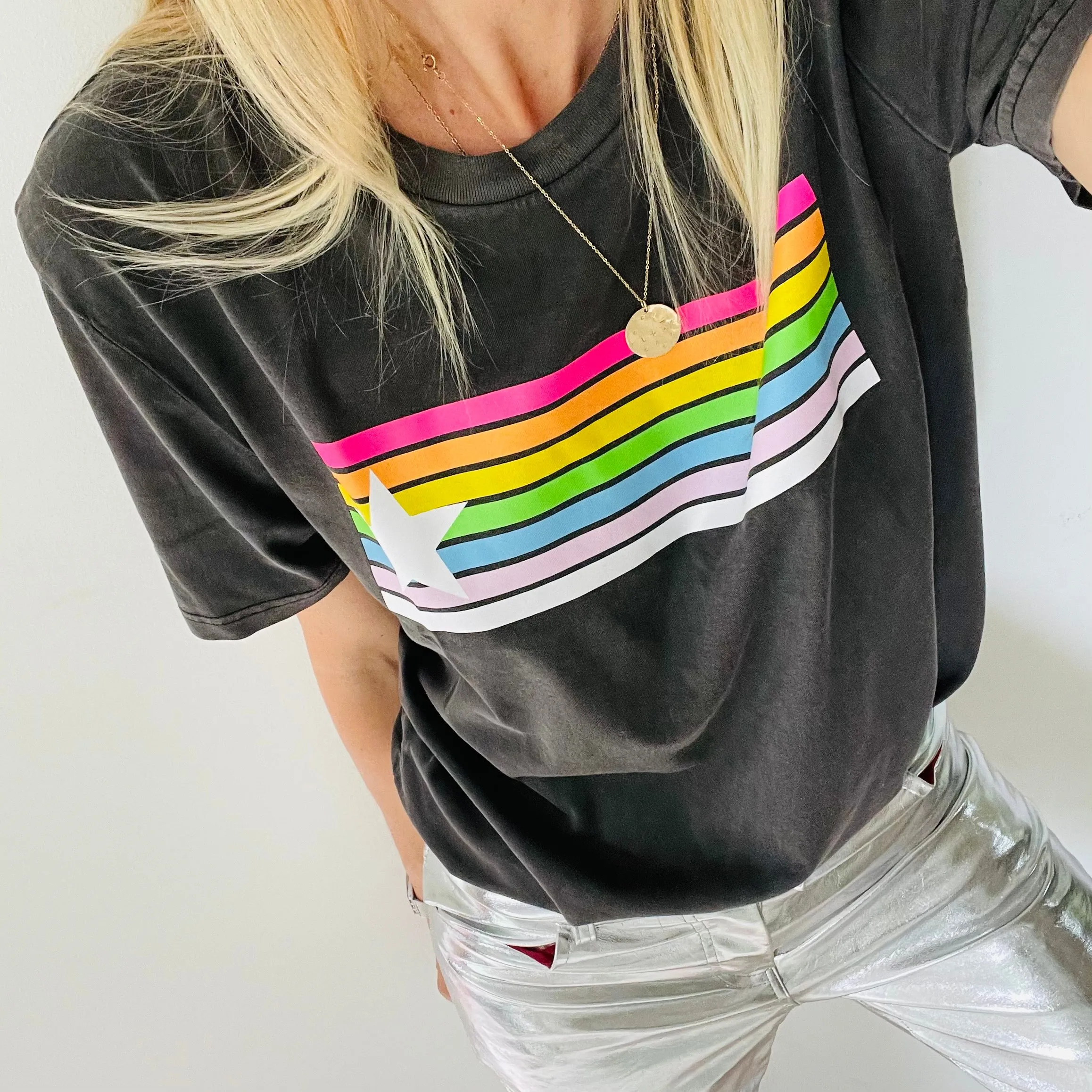 Neon rainbow star vintage grey boyfriend tee *new*