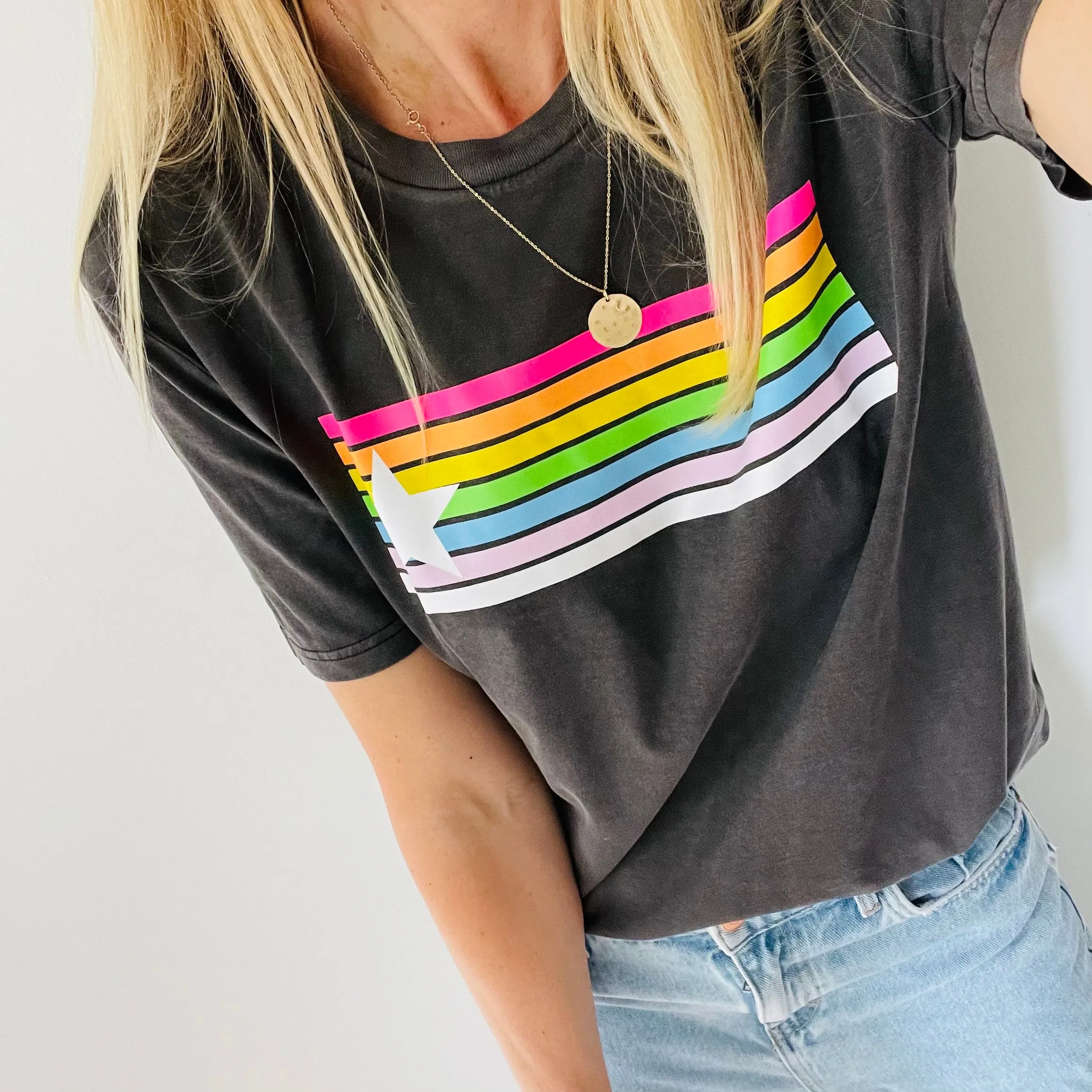 Neon rainbow star vintage grey boyfriend tee *new*