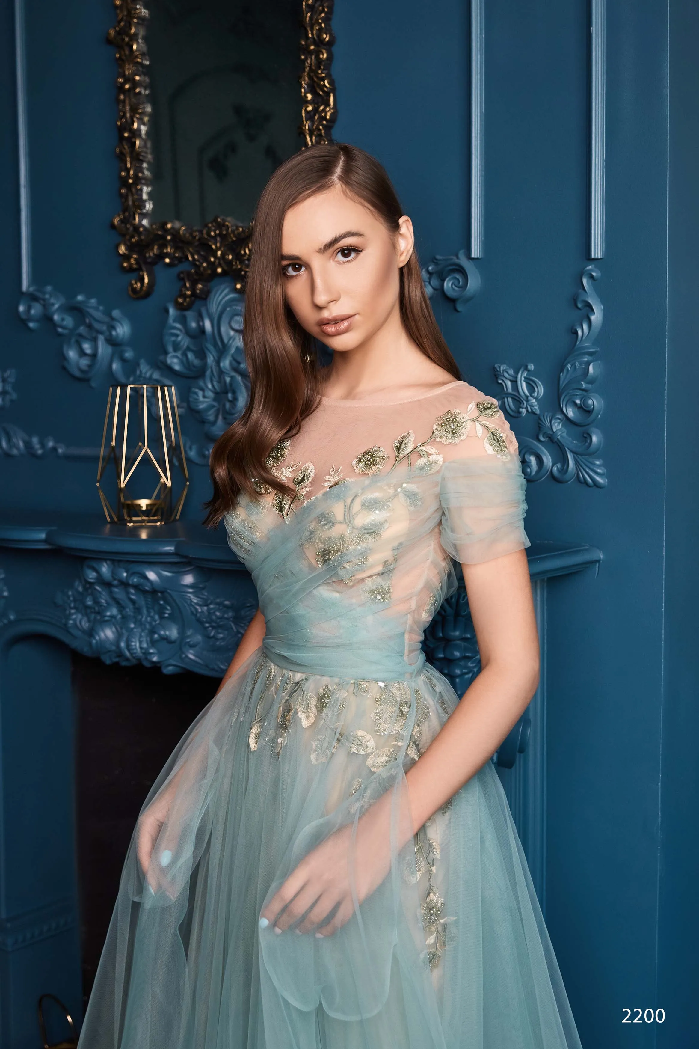 Off Shoulder Tulle Gown with Leaf Motifs