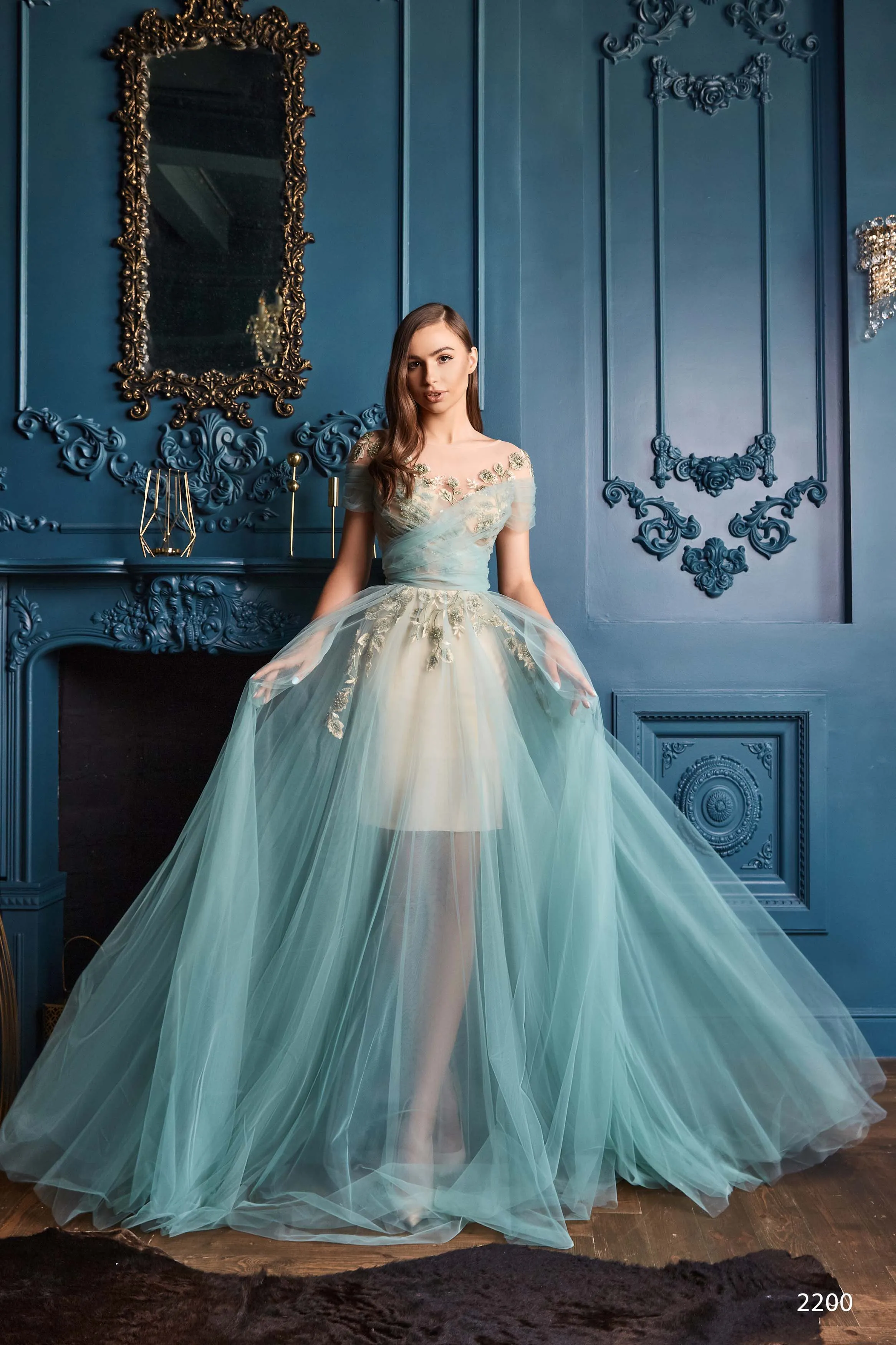 Off Shoulder Tulle Gown with Leaf Motifs