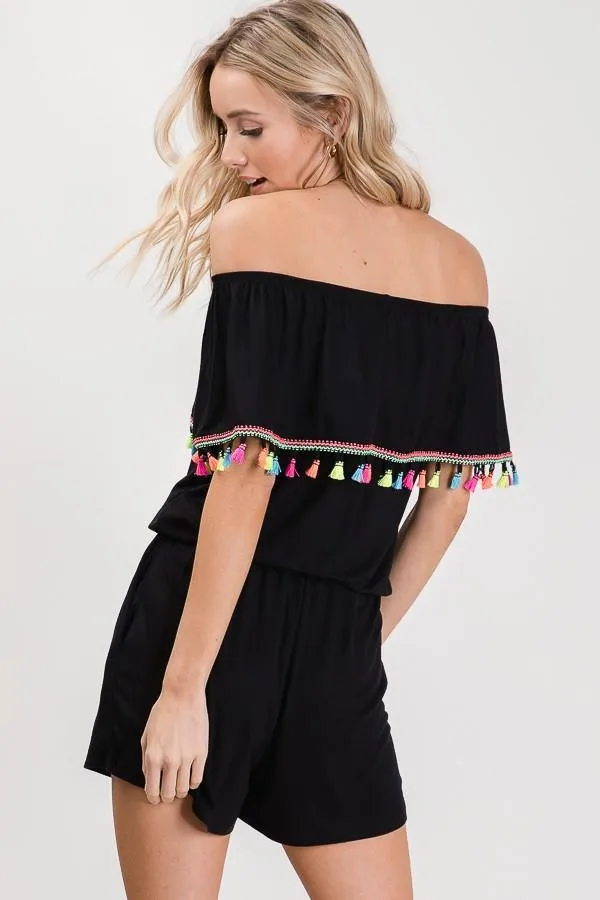 Off the Shoulder Romper with Fringe Trim