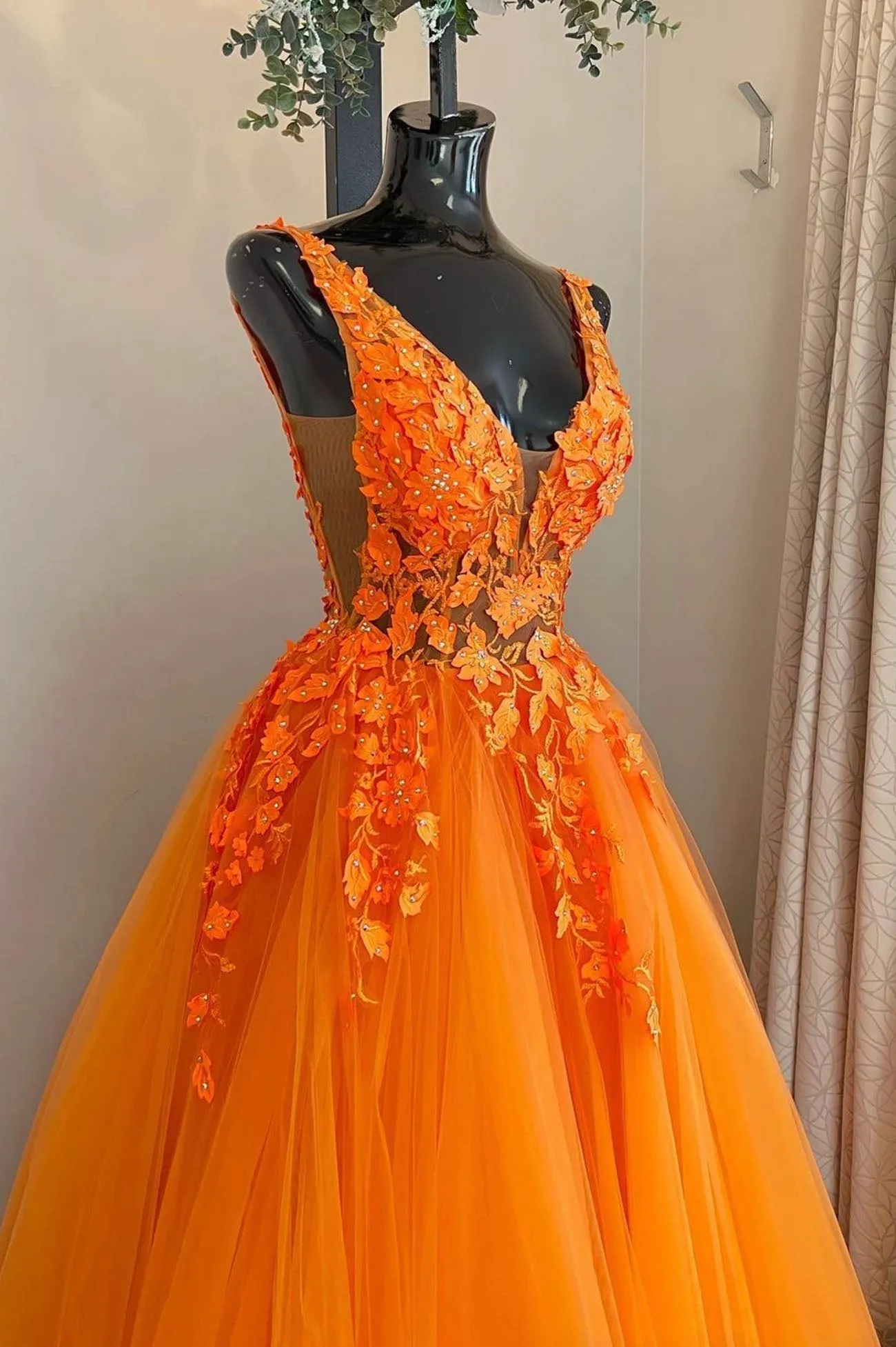 Orange V-Neck Lace Long Prom Dresses, A-Line Evening Party Dresses