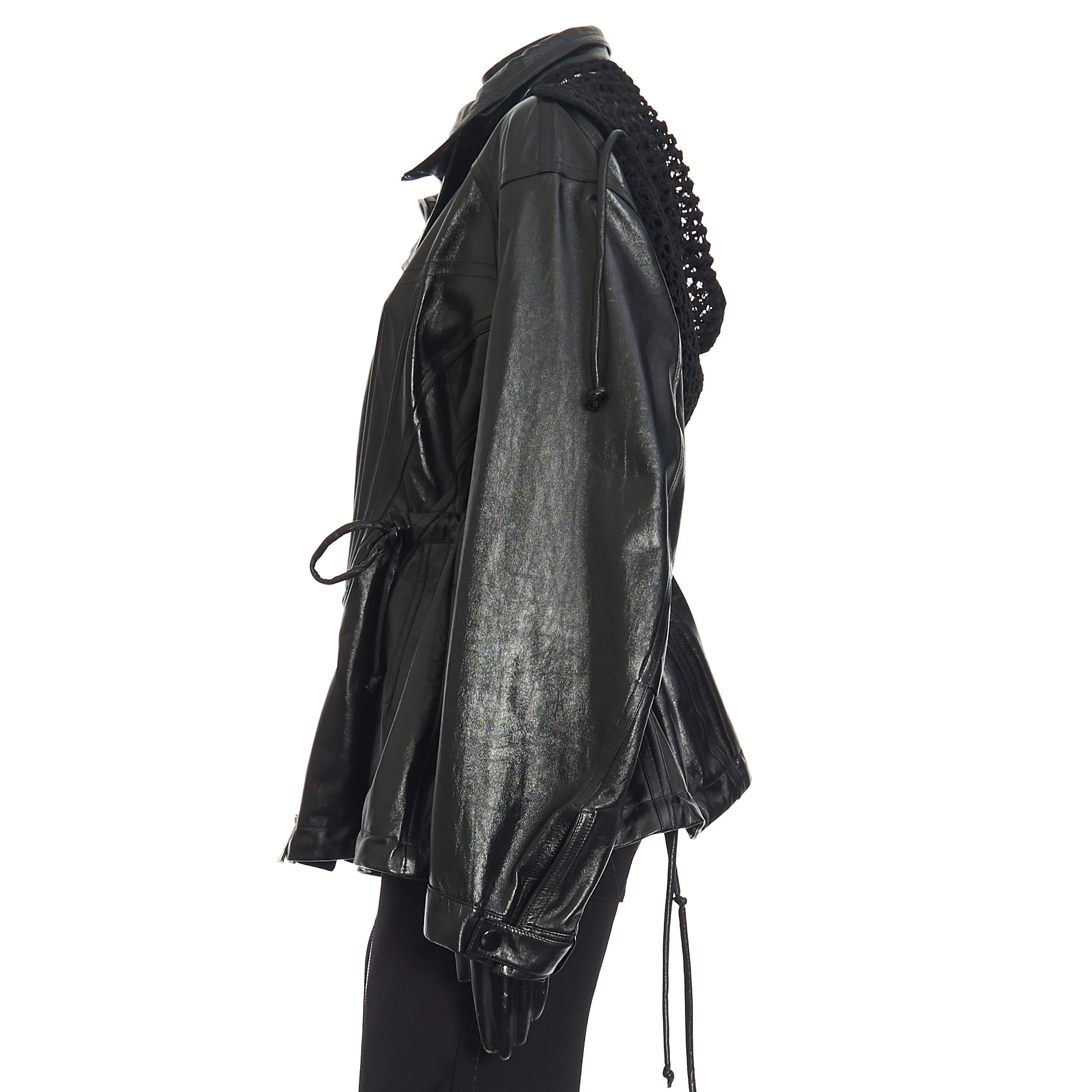 Parka With Crochet Hood In Shiny Black Leather