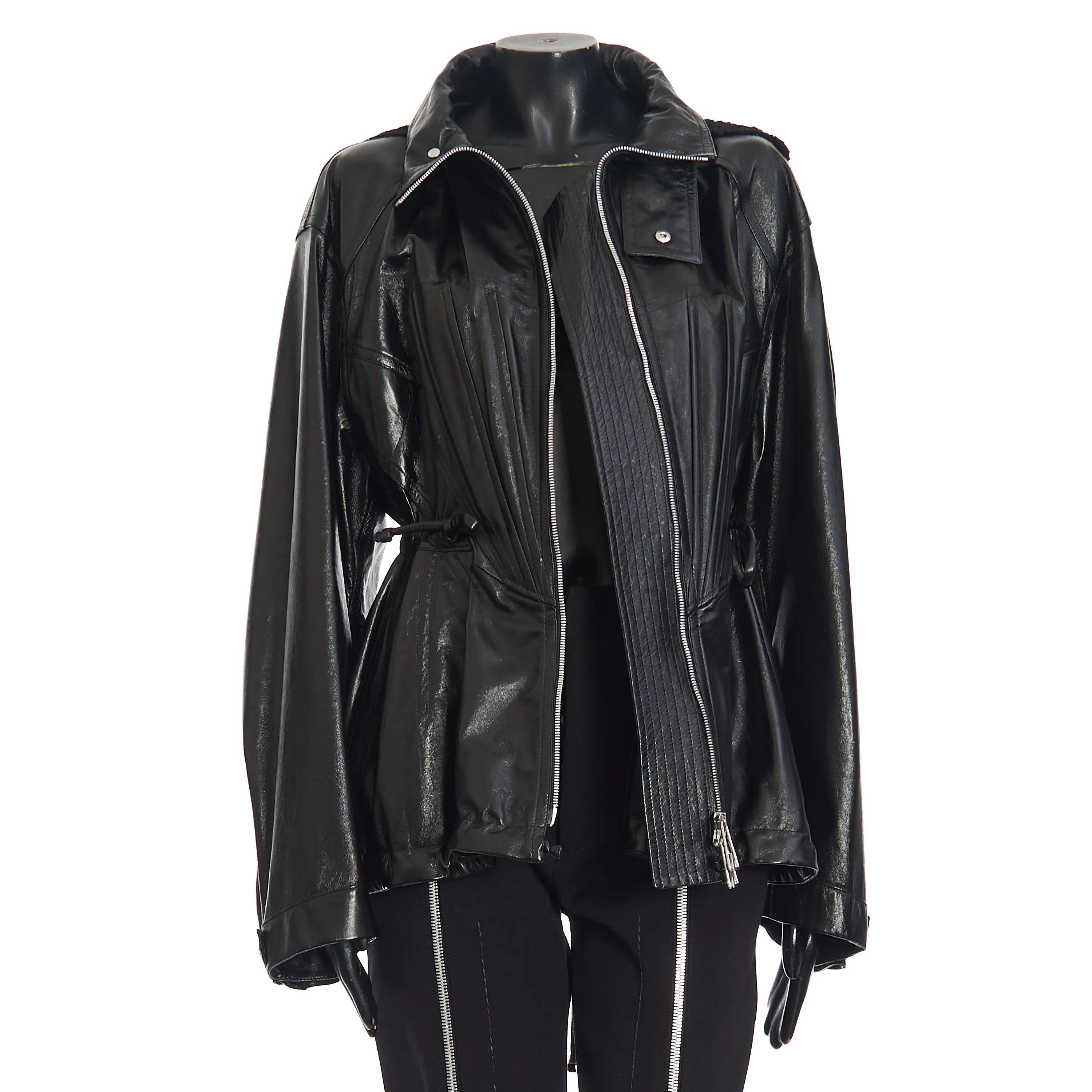 Parka With Crochet Hood In Shiny Black Leather