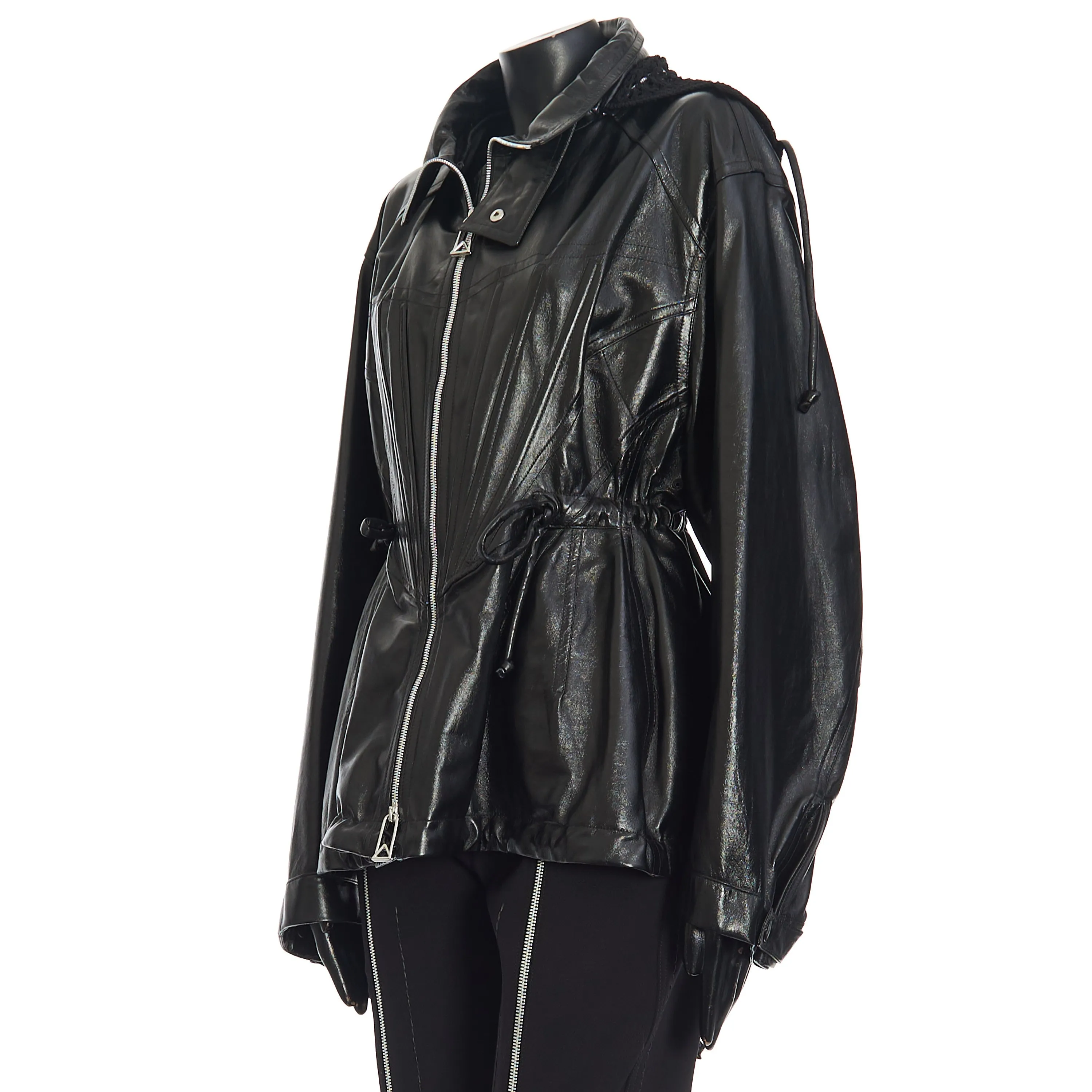 Parka With Crochet Hood In Shiny Black Leather